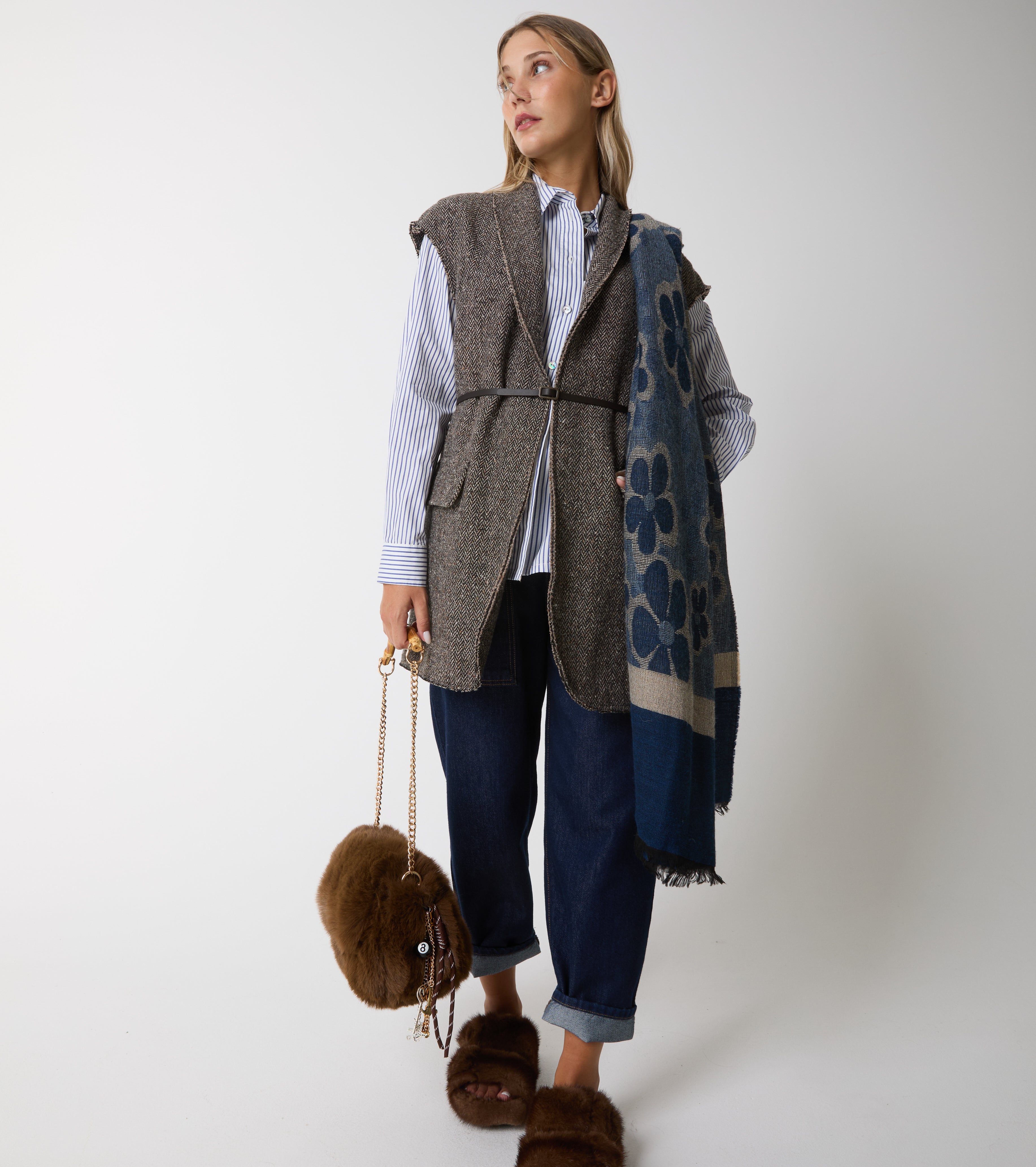 Gilet lungo in lana e seta con cintura
