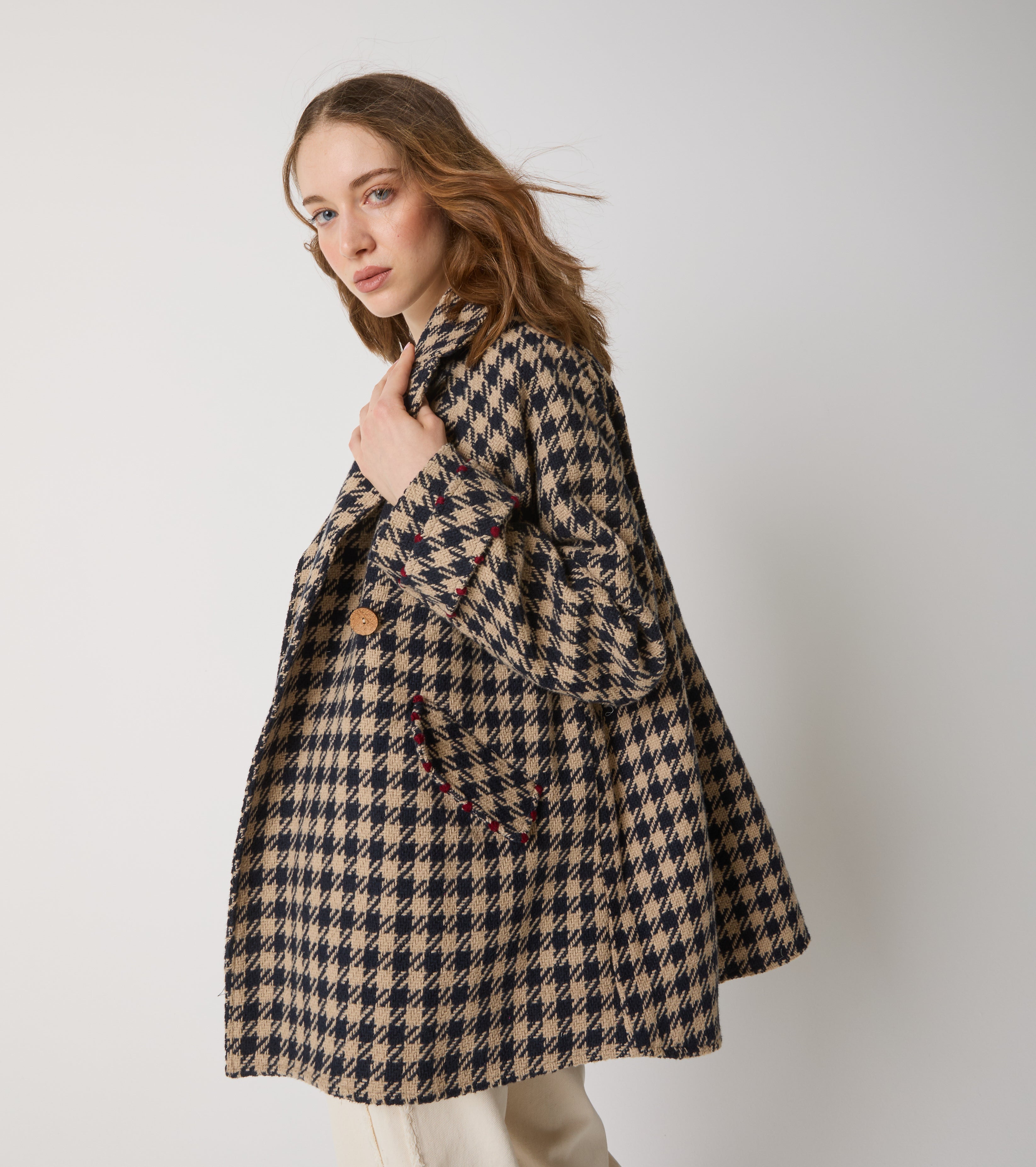 Houndstooth-frakke i uld og bomuld