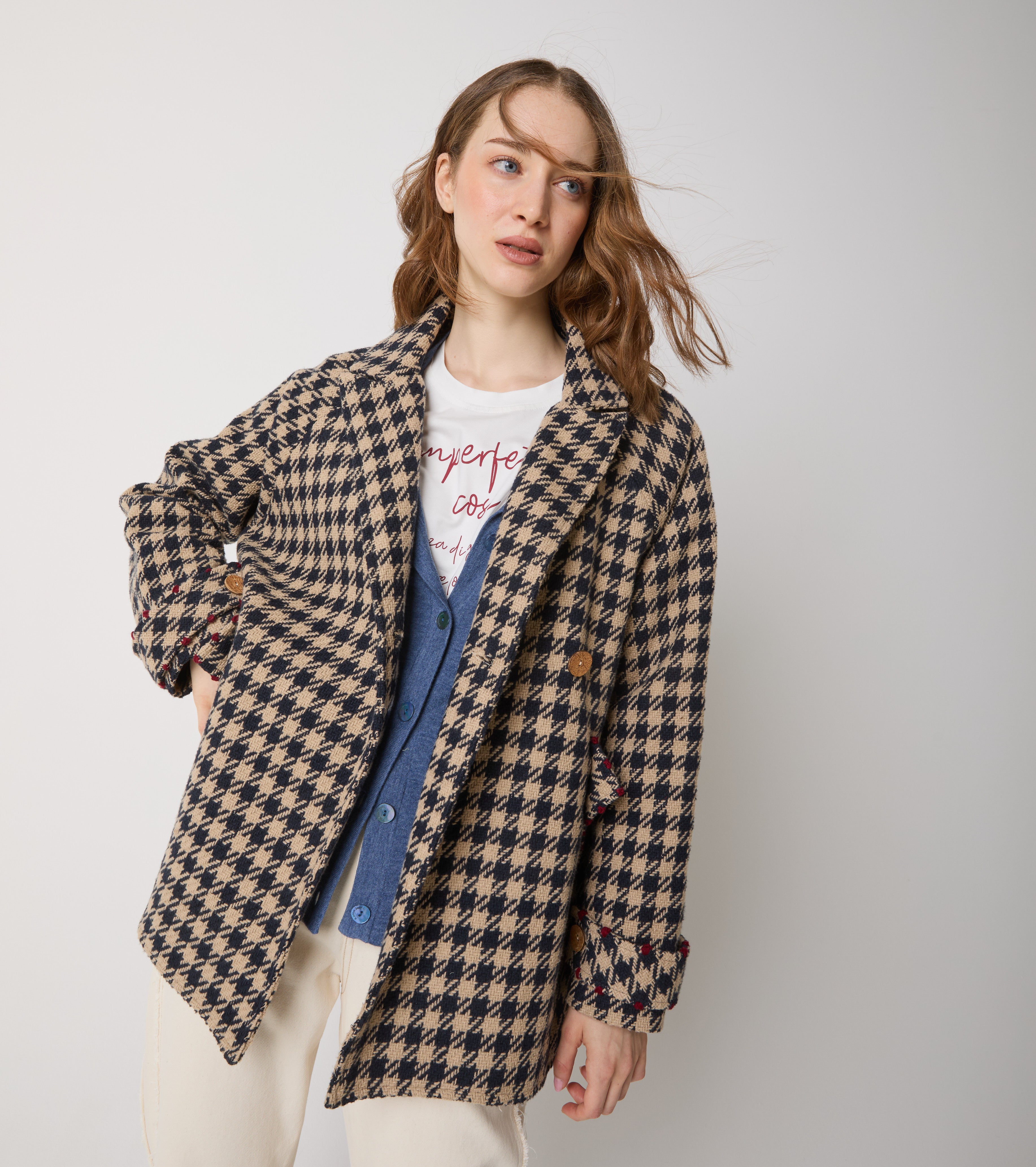 Houndstooth-frakke i uld og bomuld