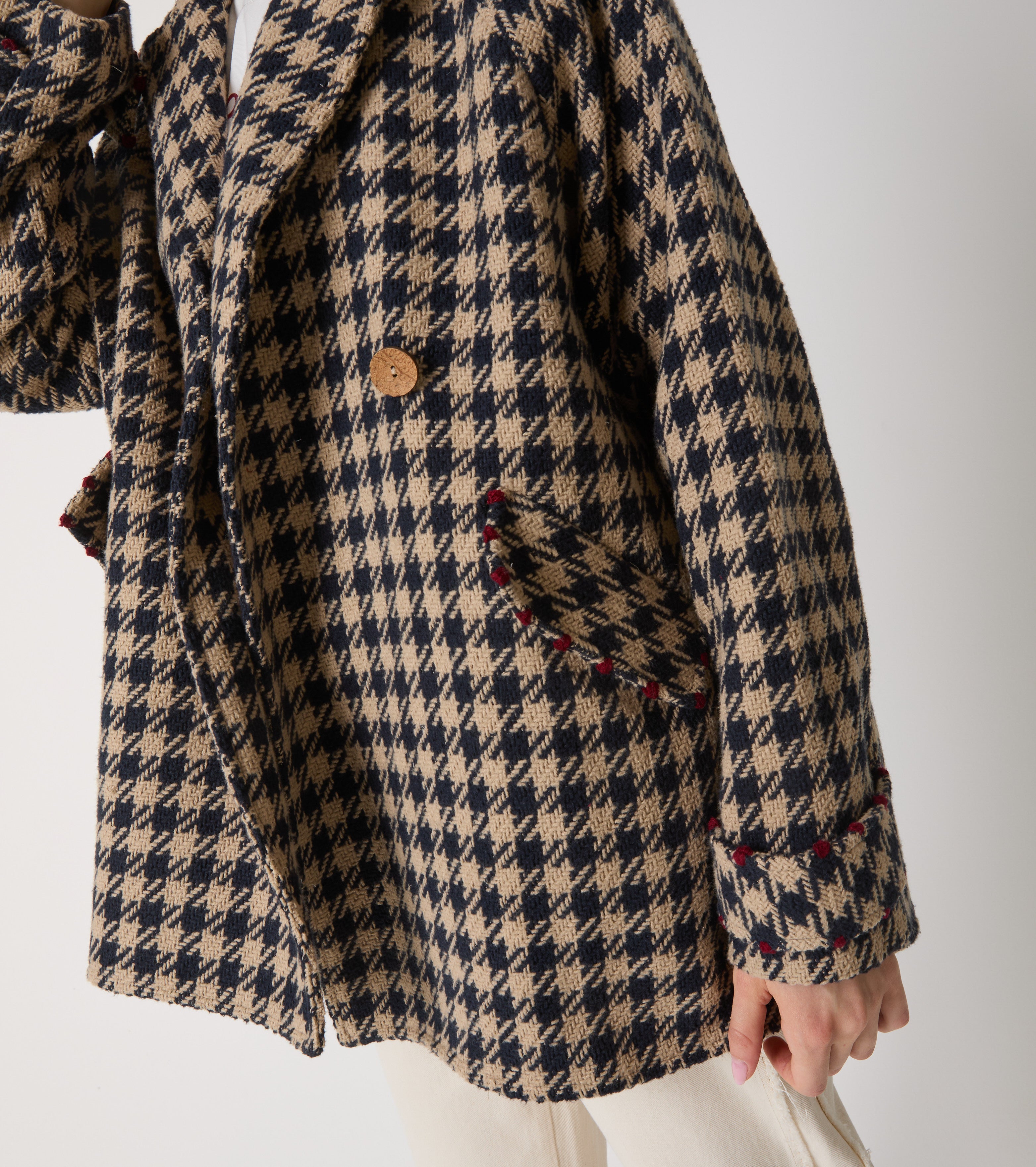 Houndstooth-frakke i uld og bomuld