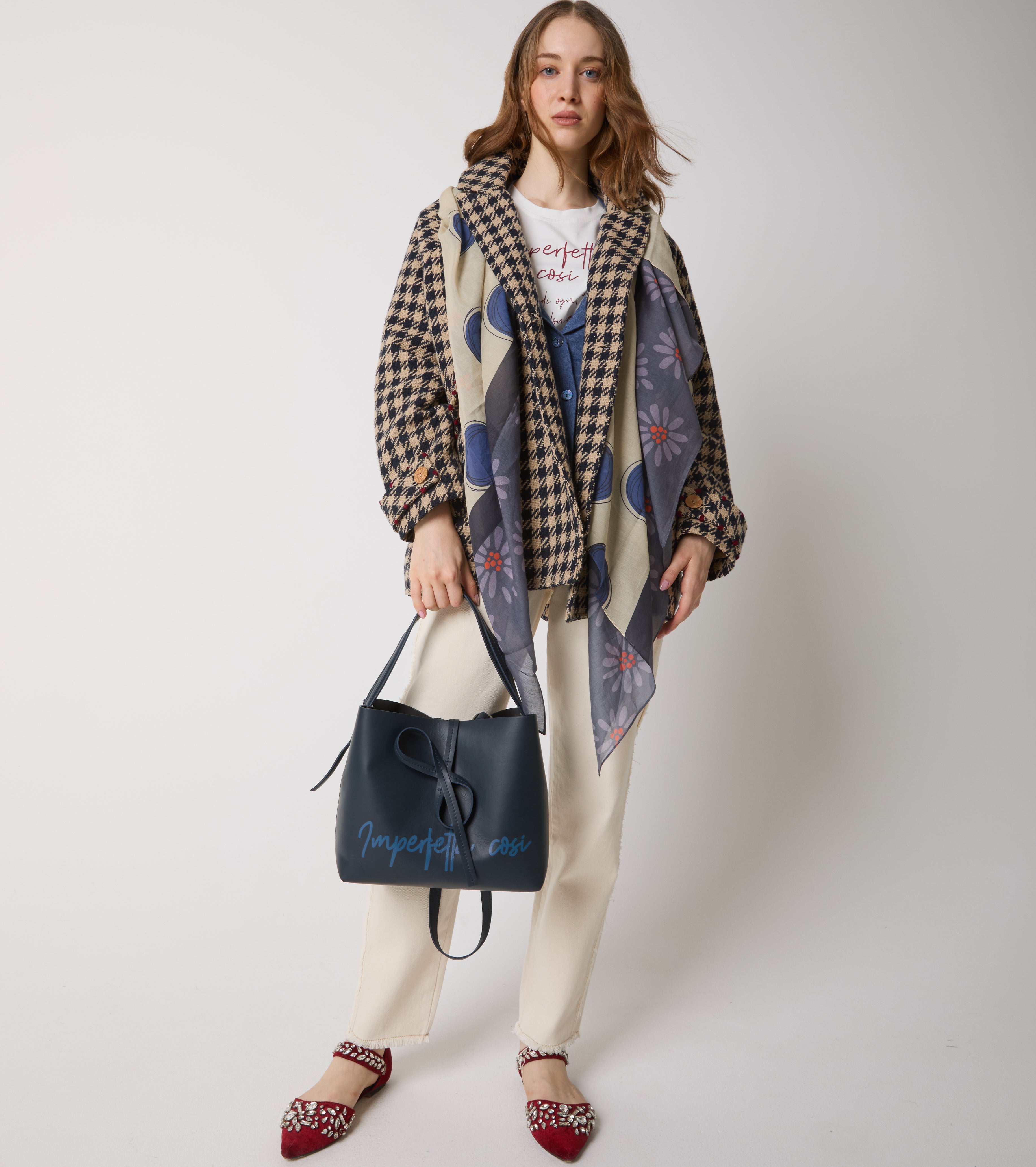 Houndstooth-frakke i uld og bomuld