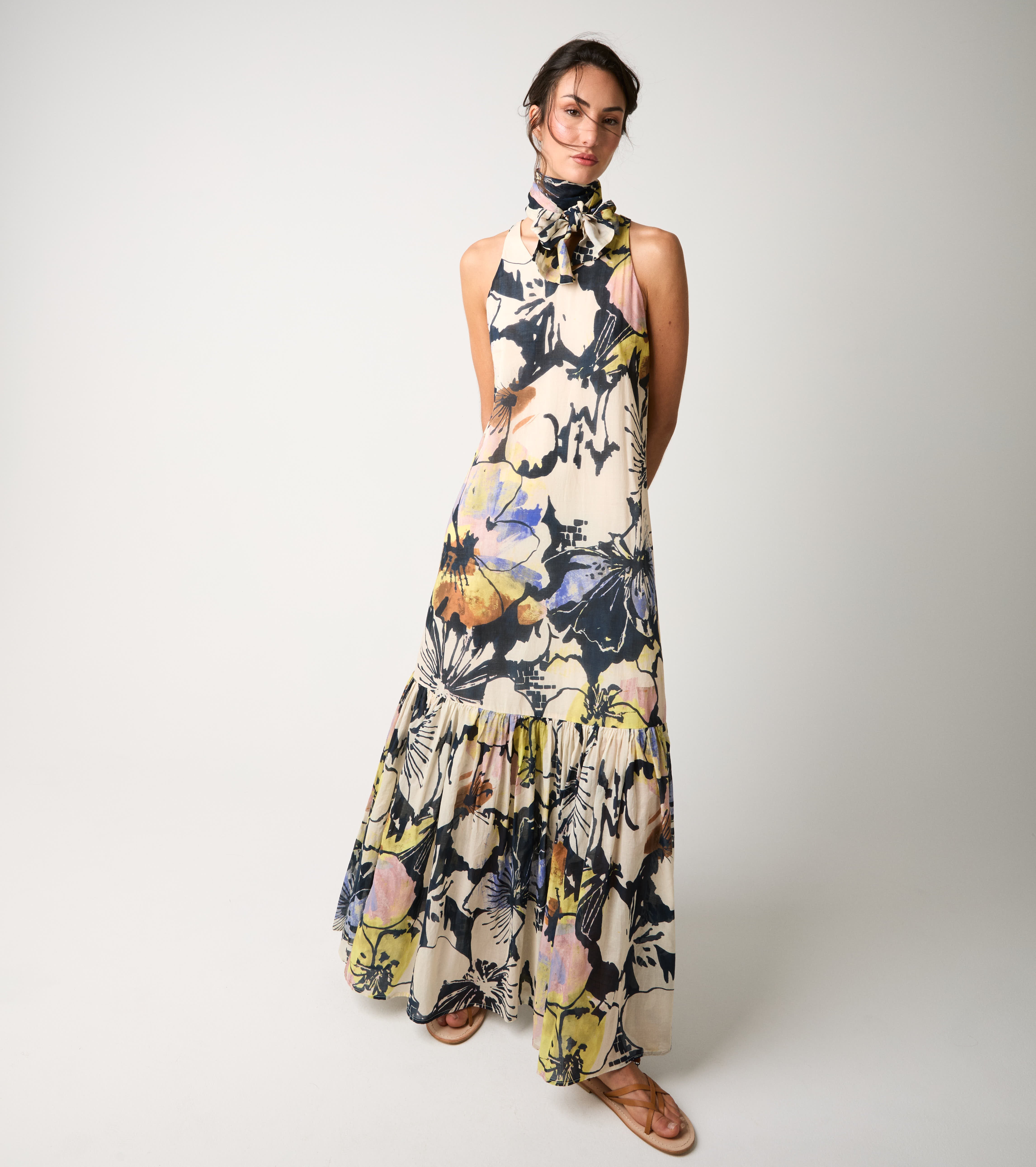 Printed cotton dress with flower scarf