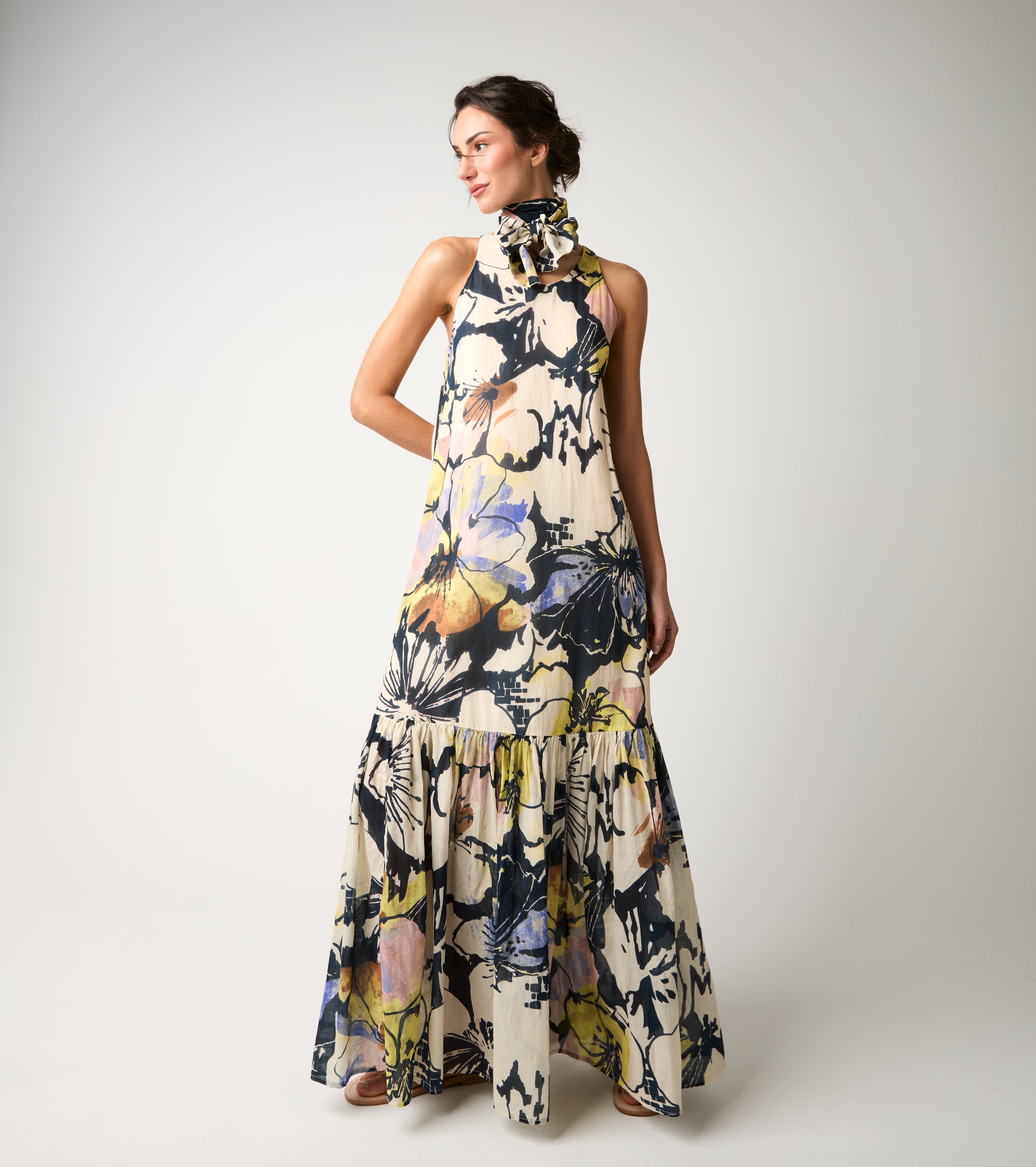 Printed cotton dress with flower scarf