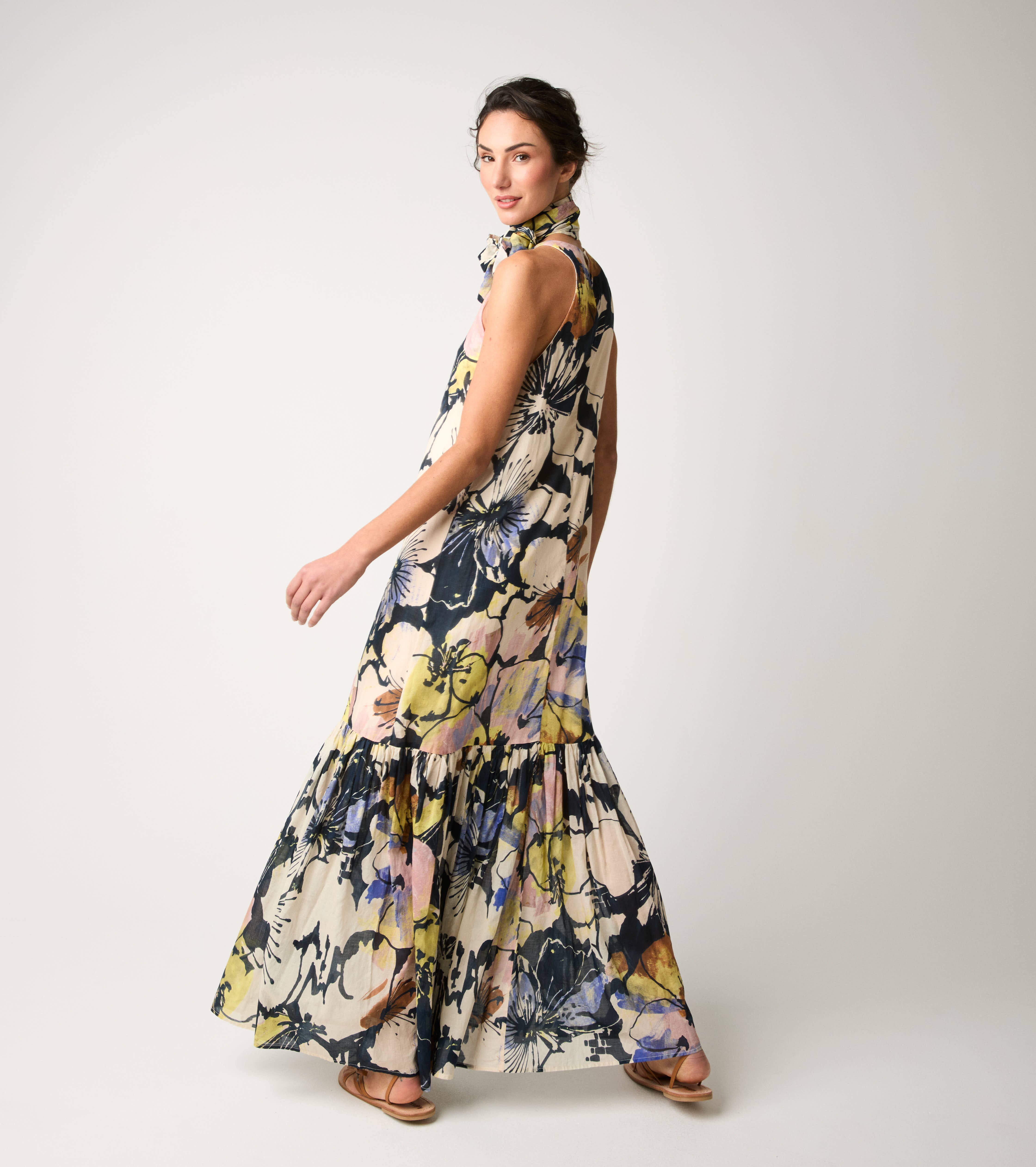 Printed cotton dress with flower scarf