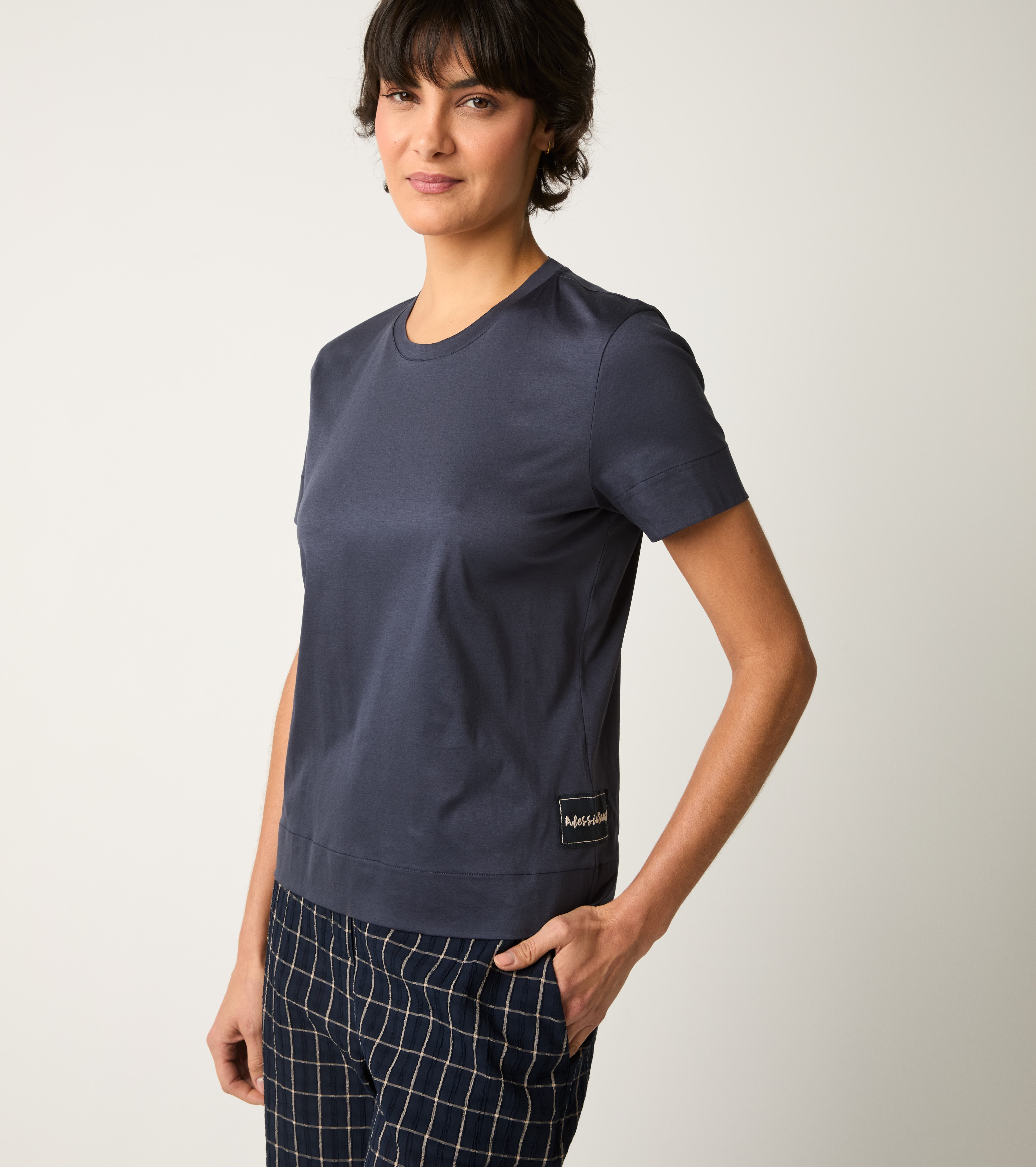 Crew-neck T-shirt with blue logo patch