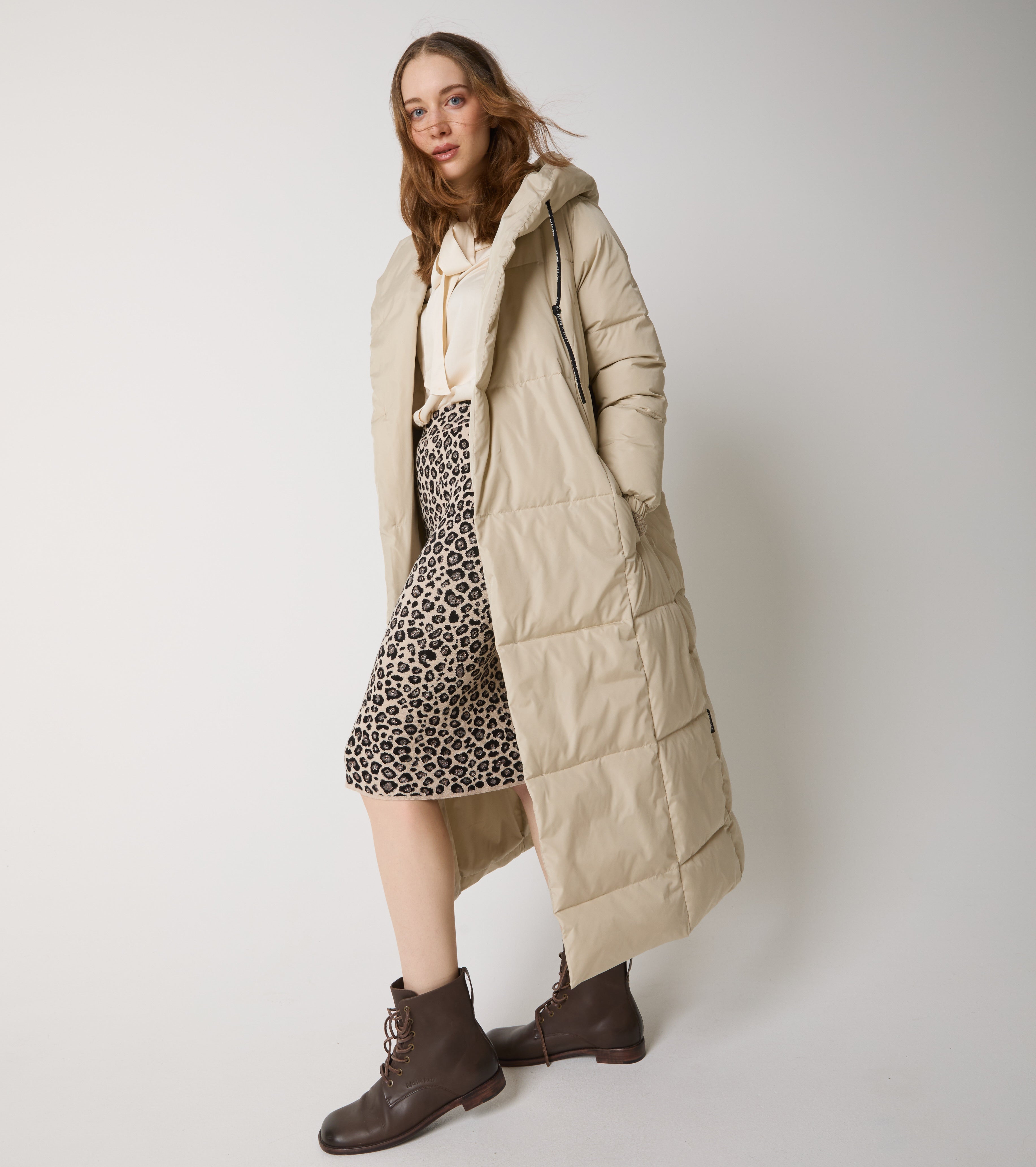Long nylon down jacket with hood