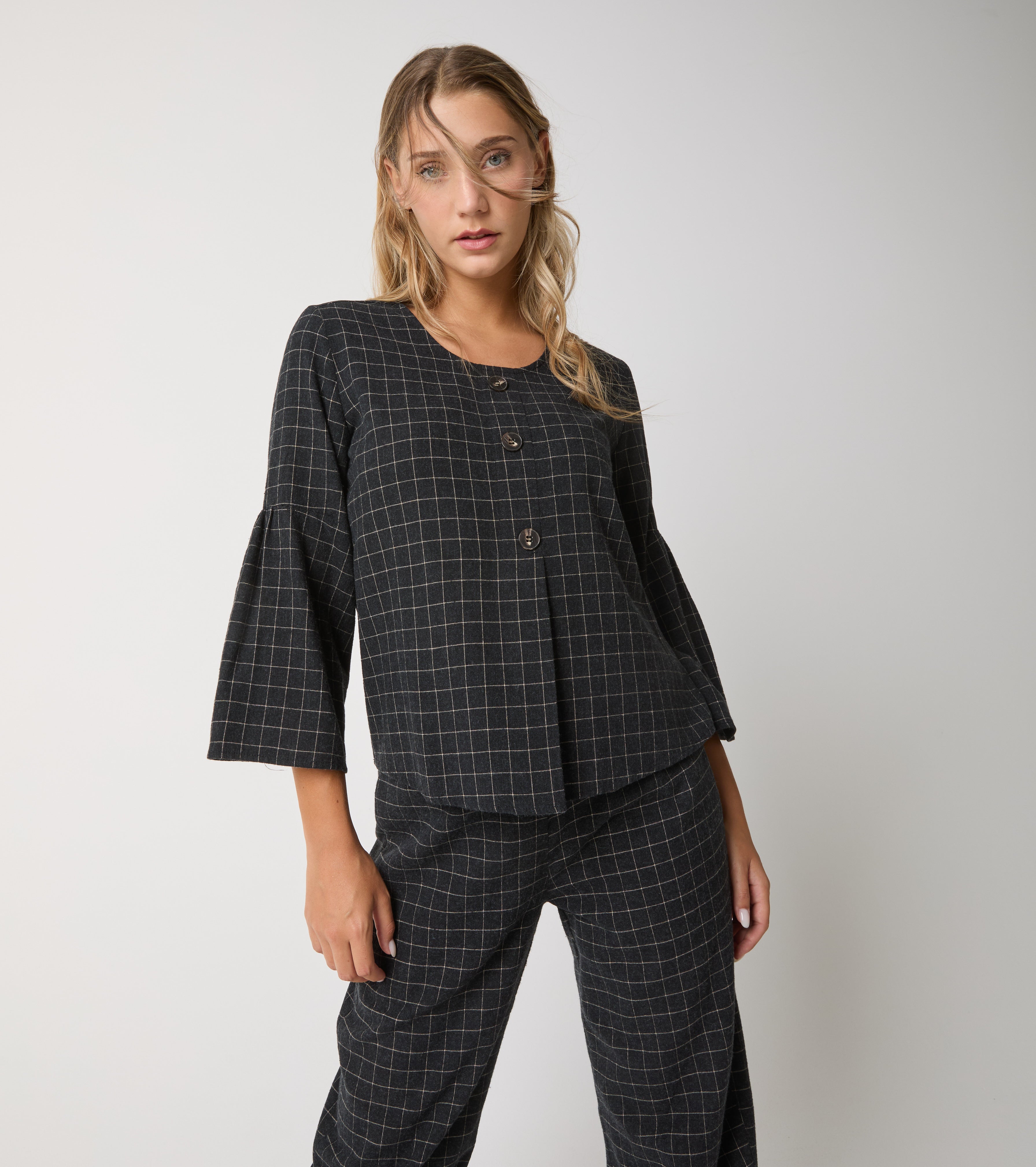 Jacquardbluse i bomuld med knapper