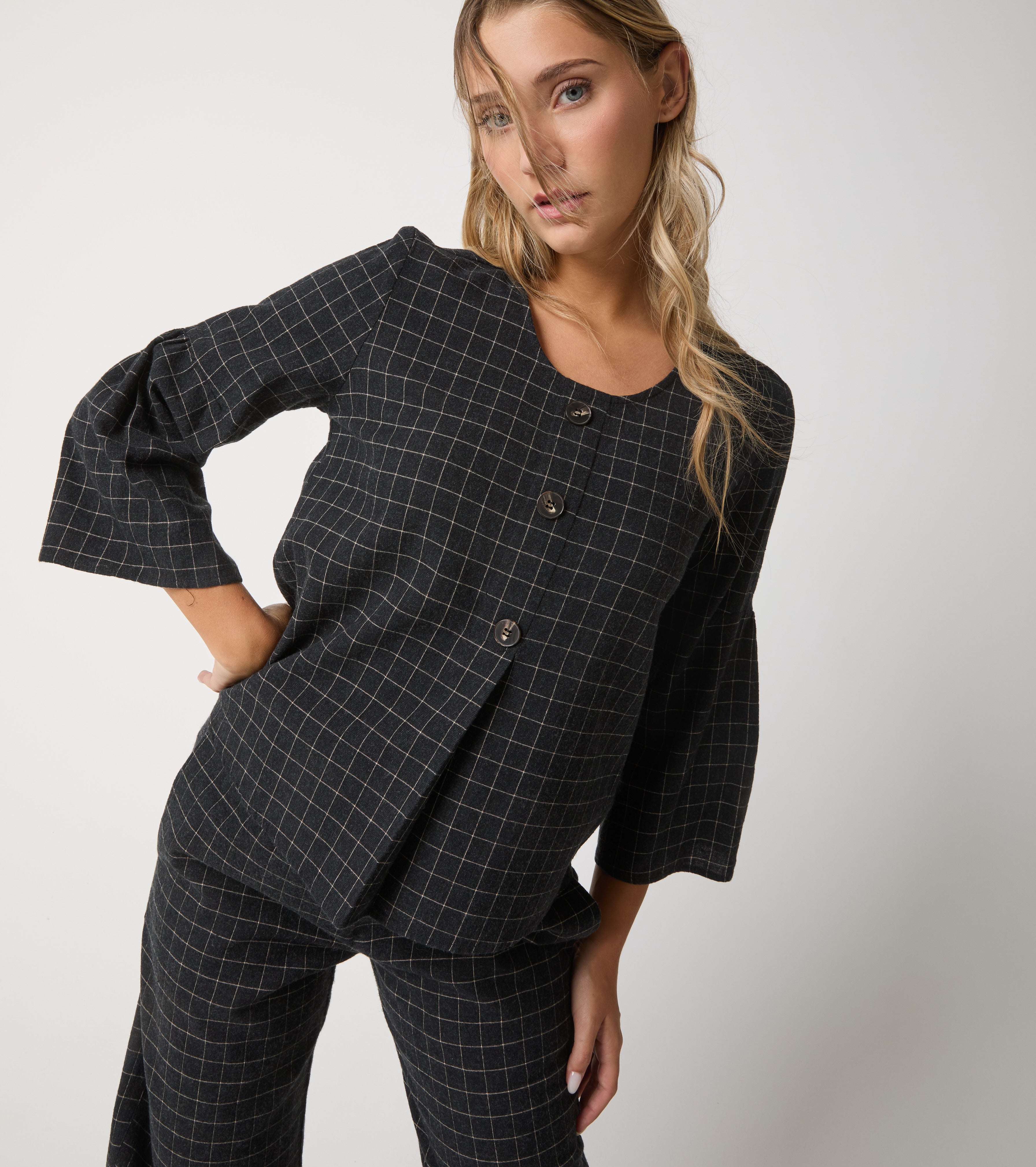 Jacquardbluse i bomuld med knapper