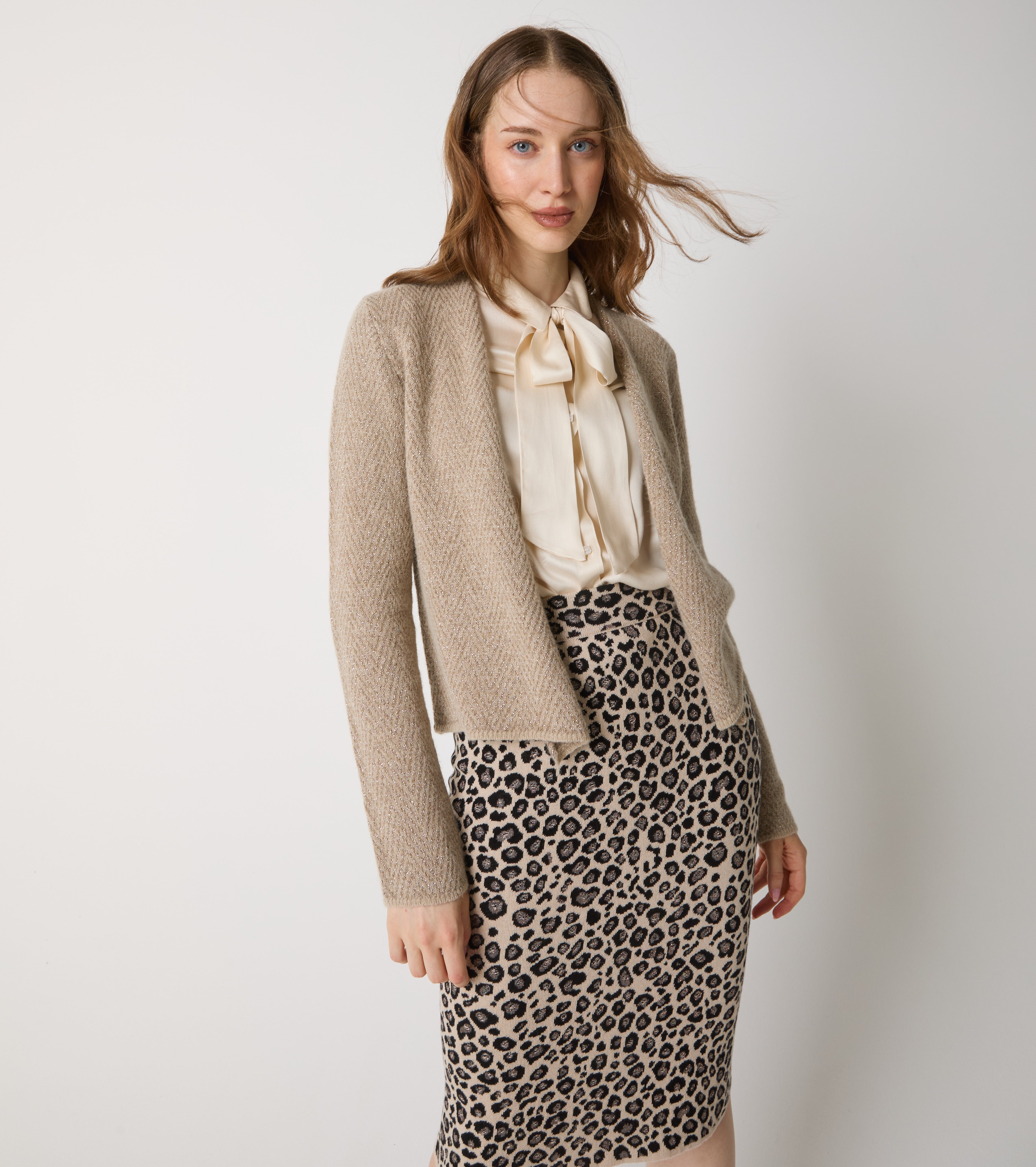 Short cardigan in alpaca and chevron wool