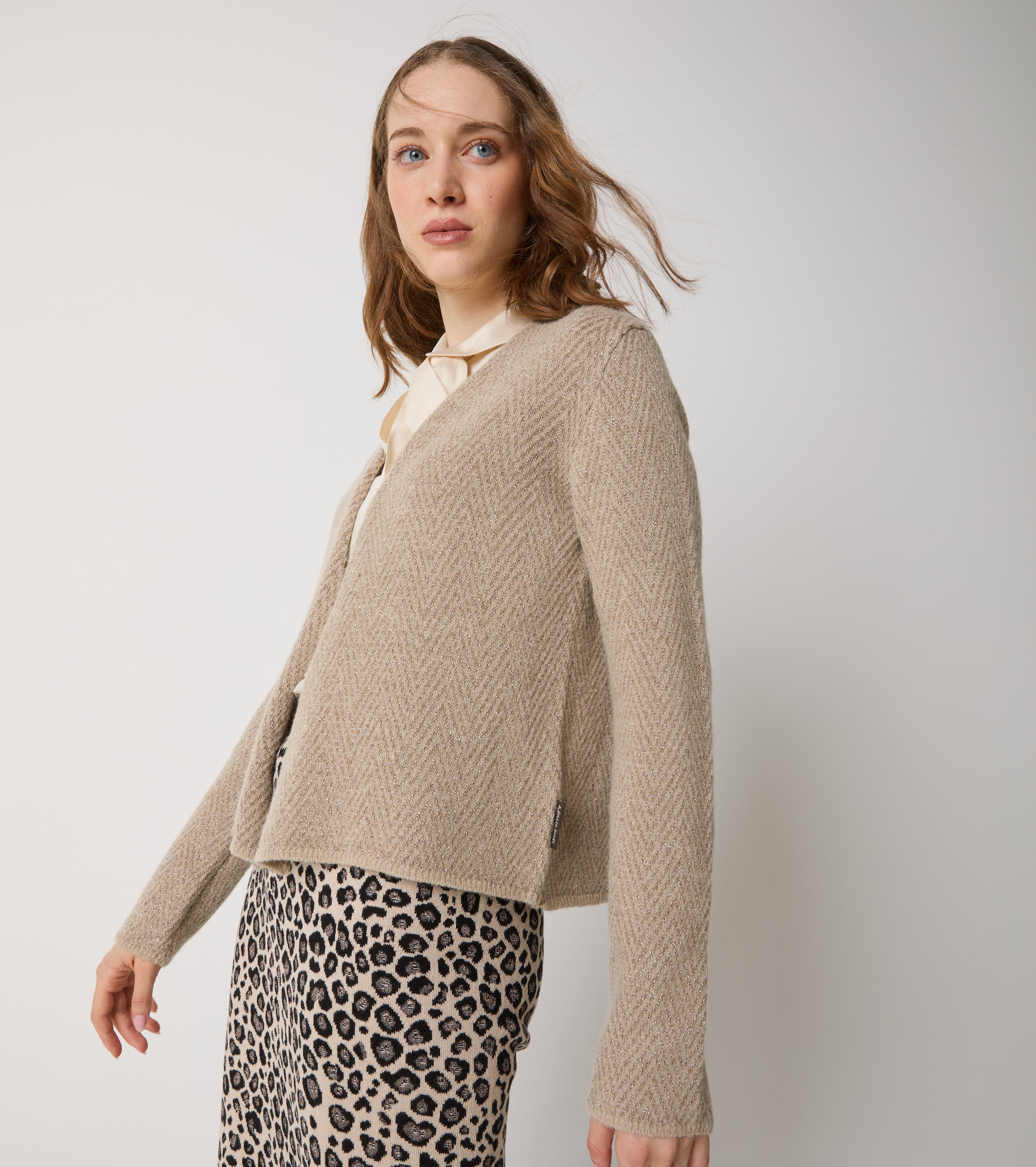Short cardigan in alpaca and chevron wool