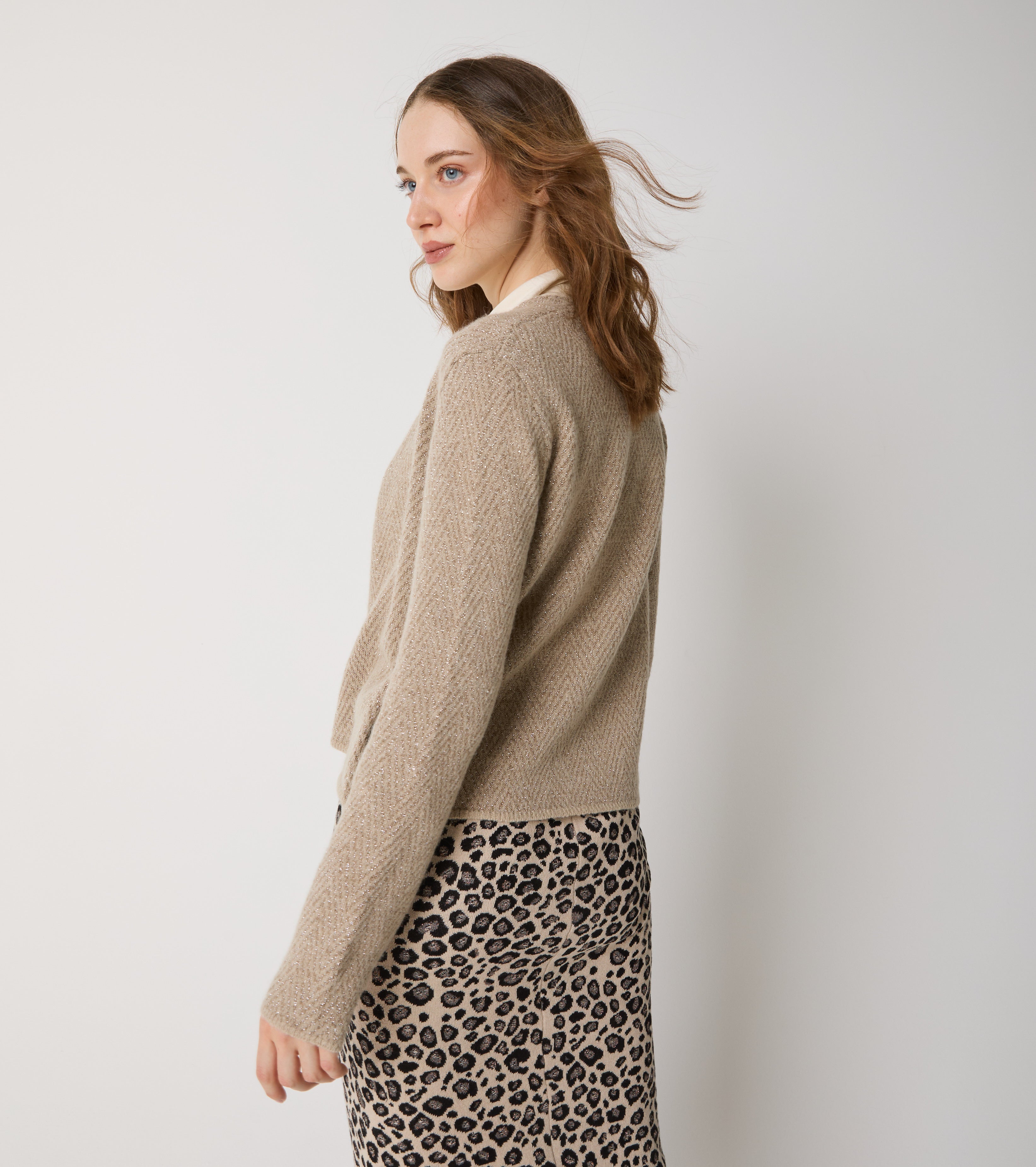 Short cardigan in alpaca and chevron wool