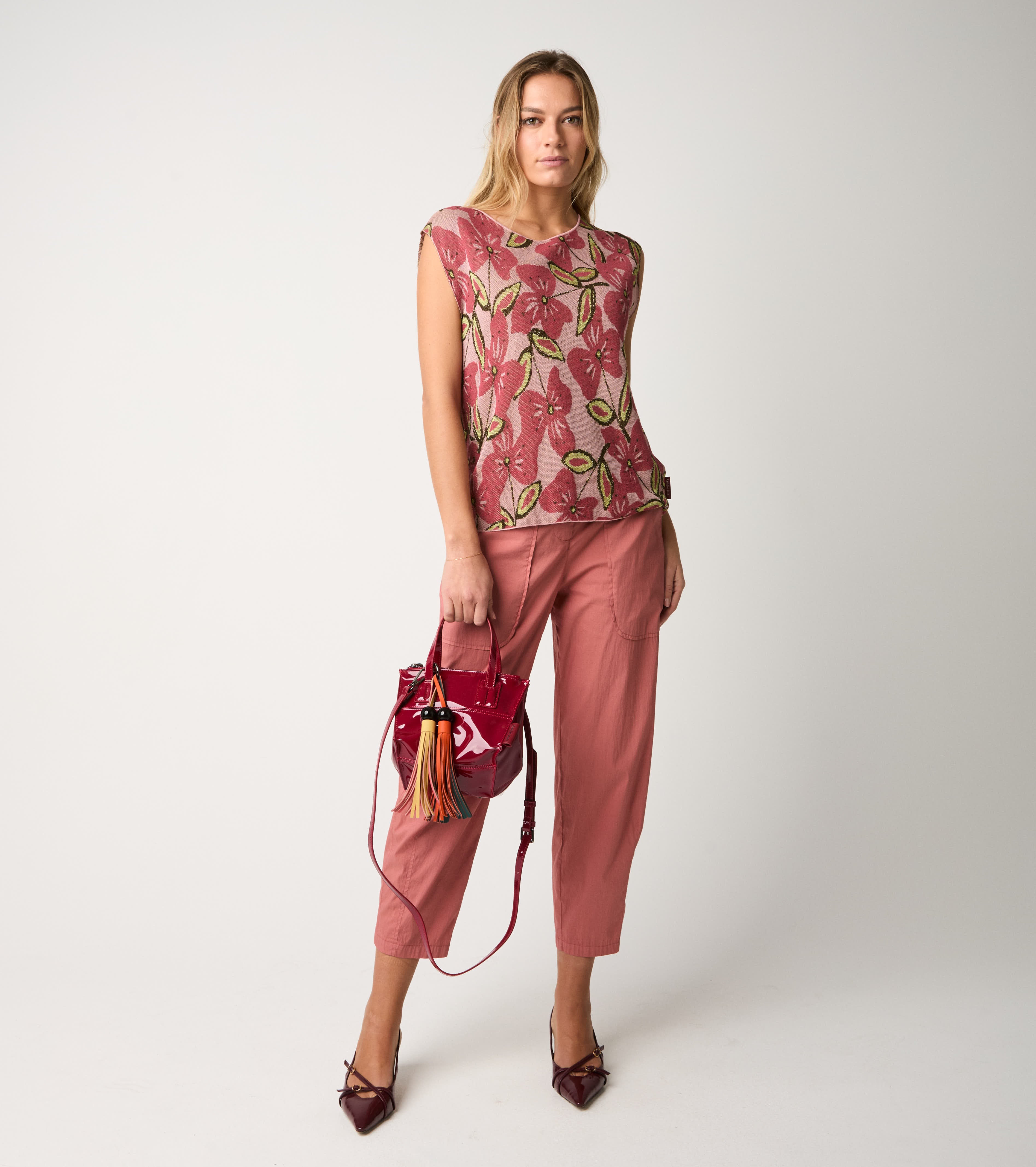 Top jacquard con scollo a barca ombretto