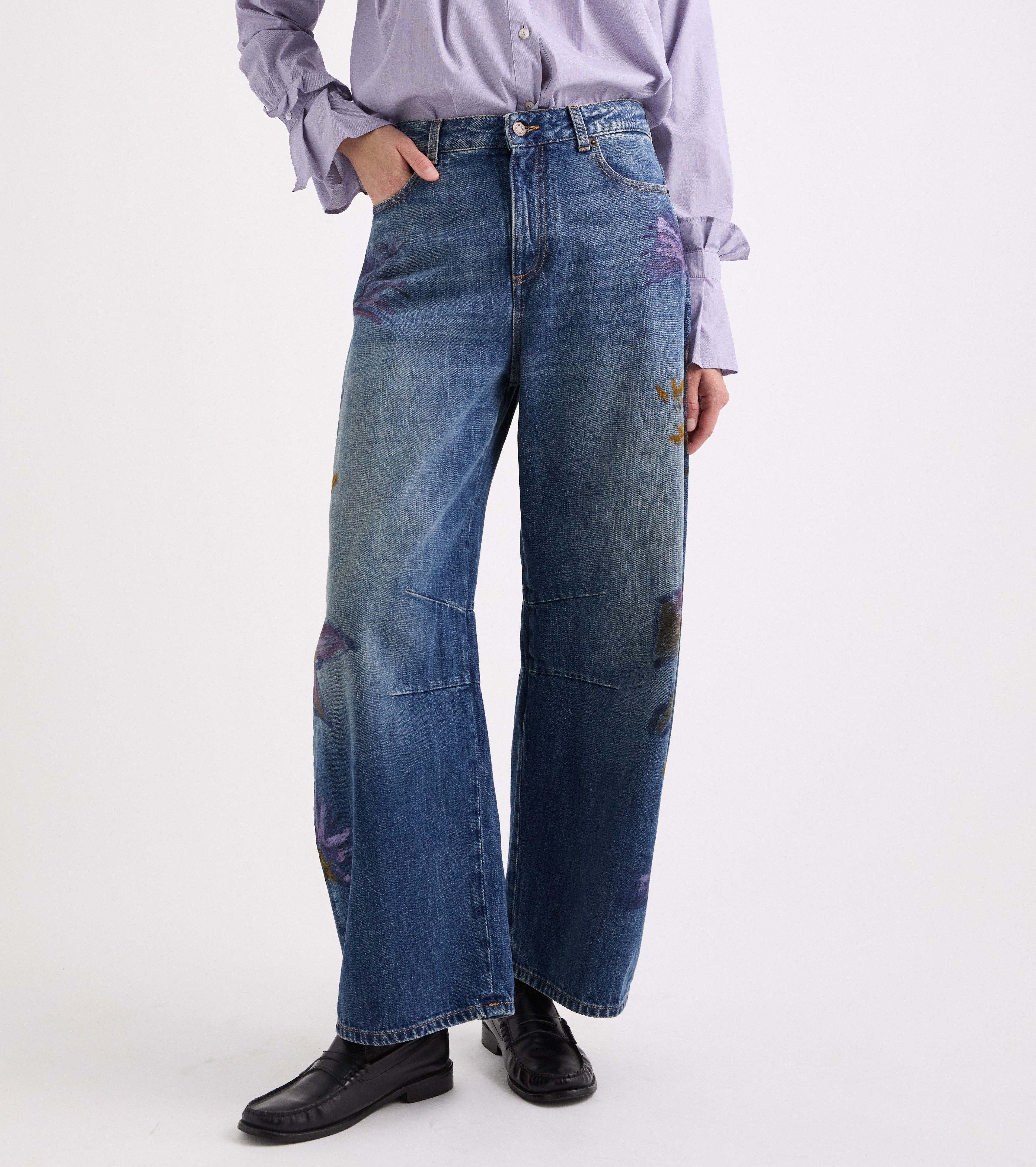 Floral cotton wide-leg jeans
