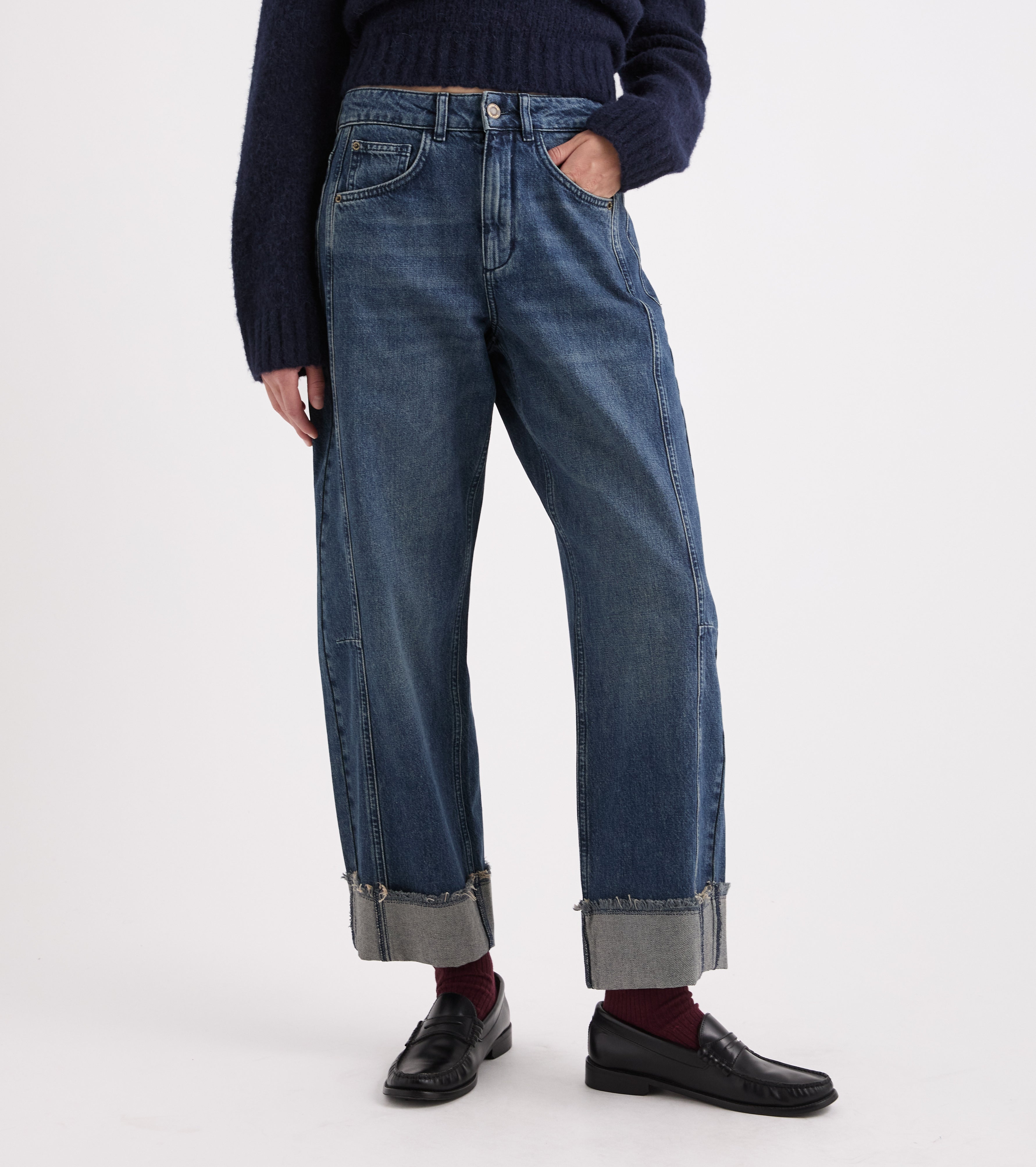 Jeans cinque tasche in cotone effetto used marrone
