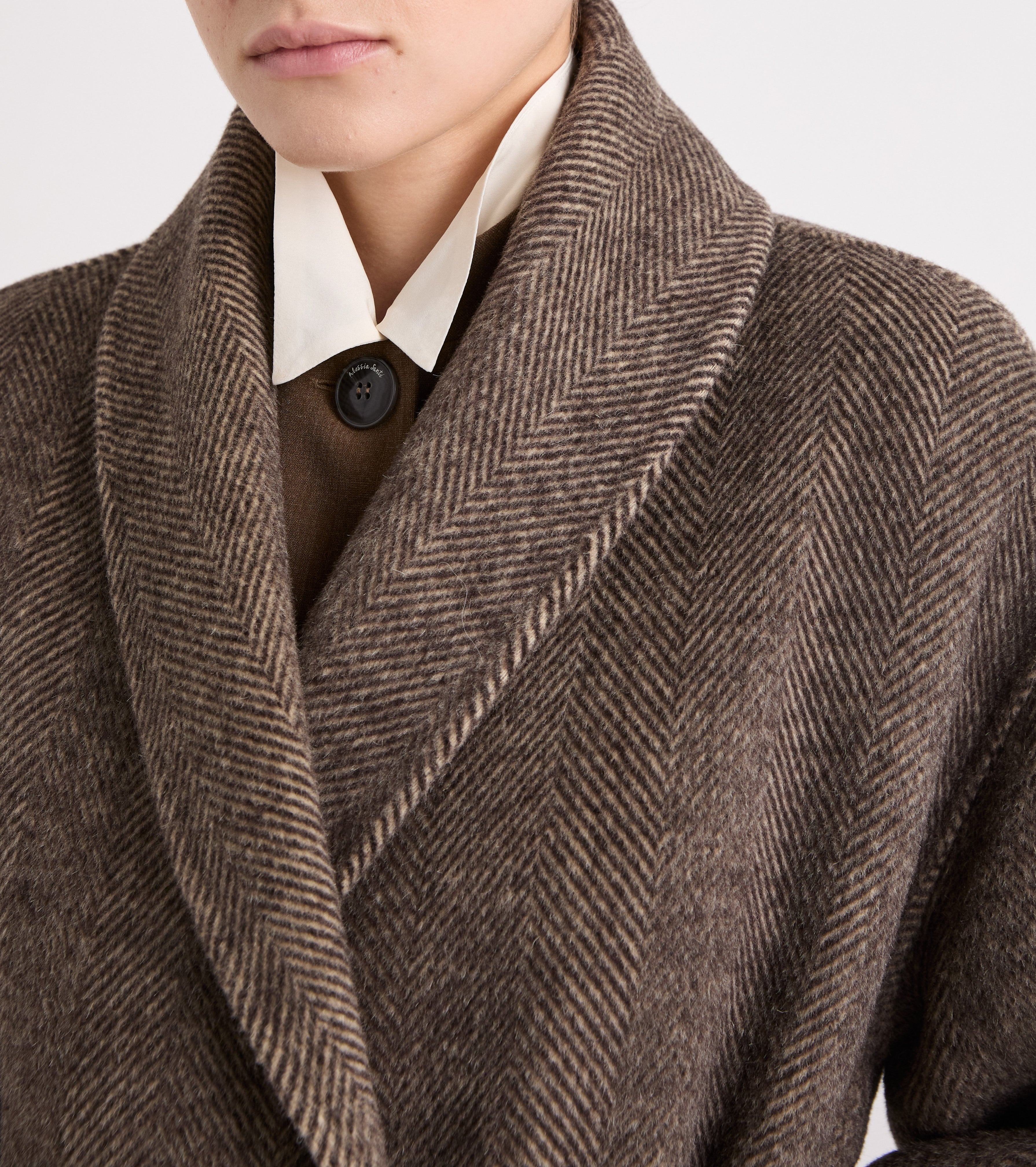 Cappotto in misto alpaca con cintura spinato marrone