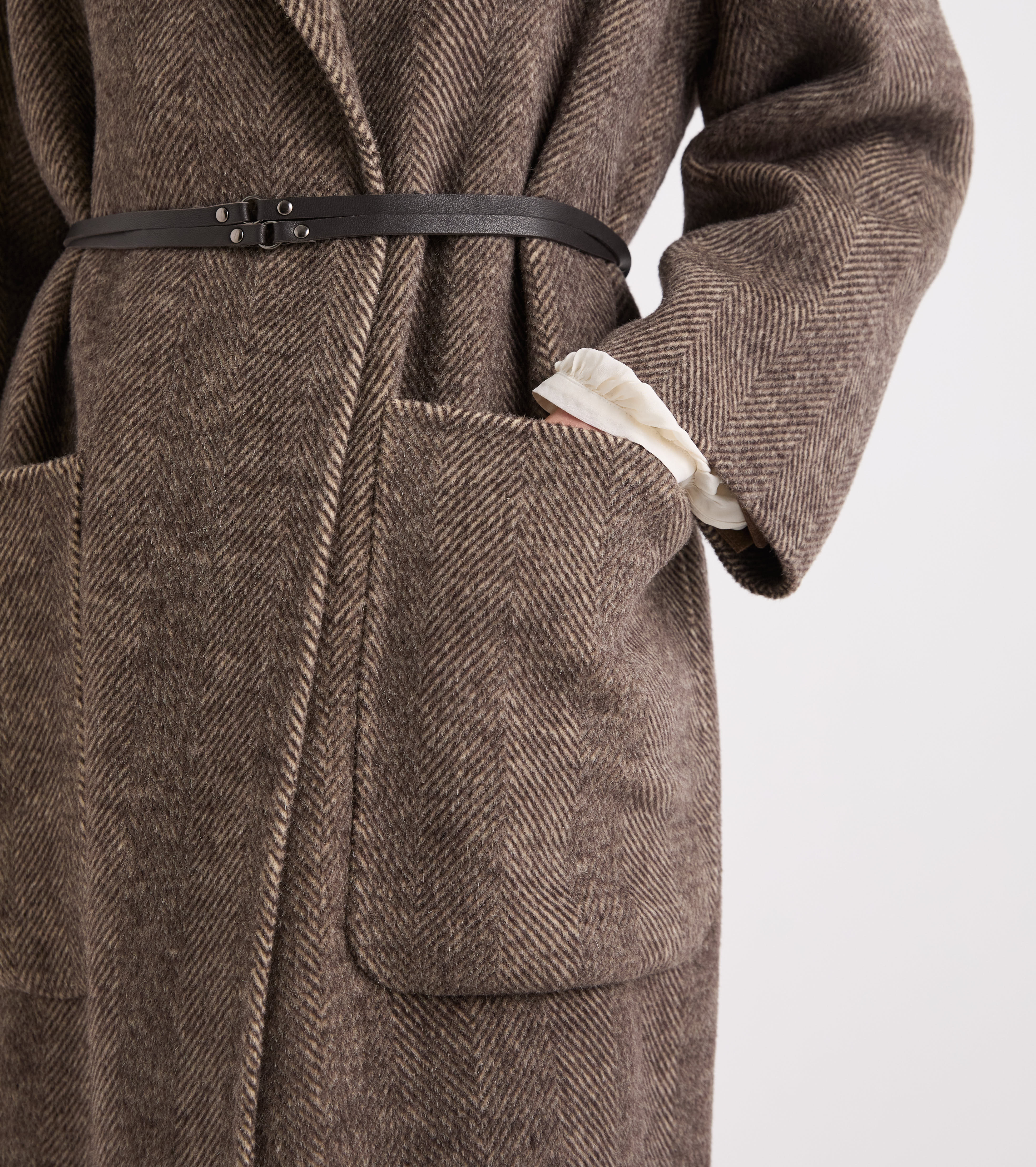 Cappotto in misto alpaca con cintura spinato marrone
