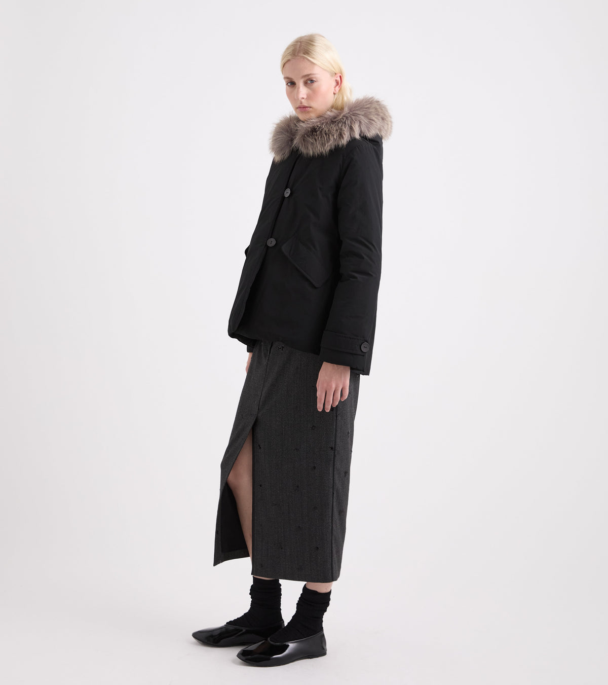 Cappotto con ecopelliccia e cappuccio check