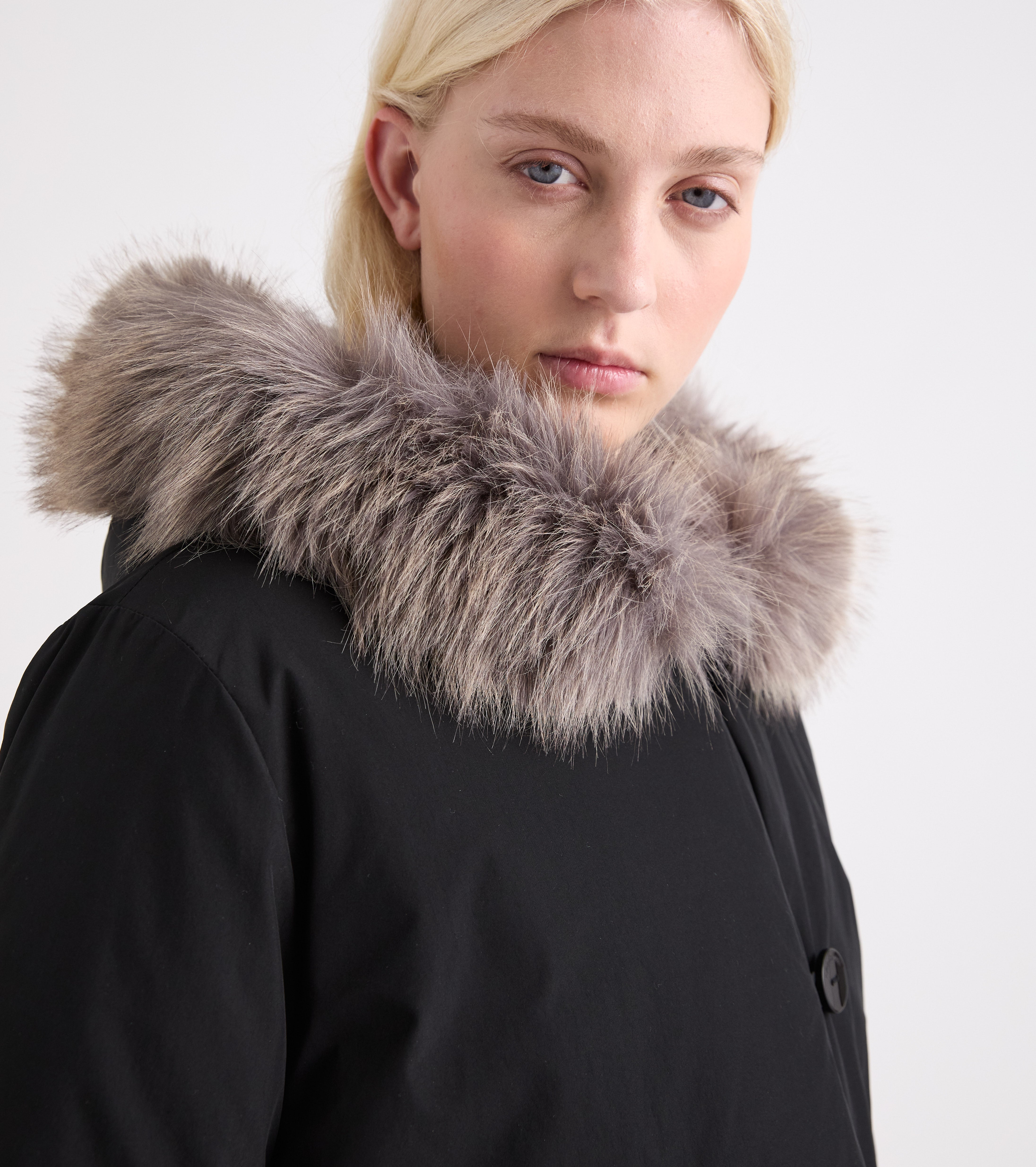 Cappotto con ecopelliccia e cappuccio check