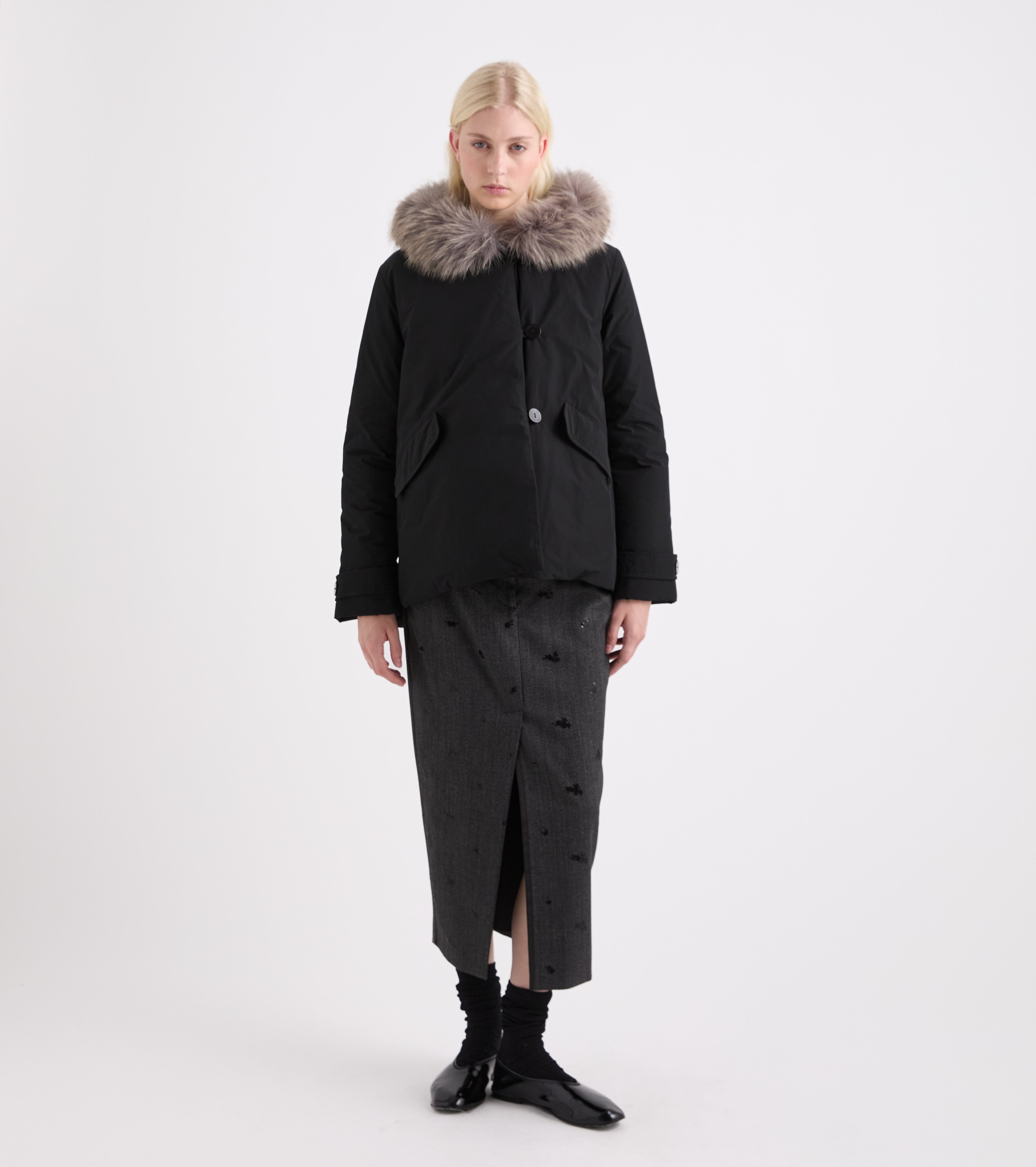 Cappotto con ecopelliccia e cappuccio check