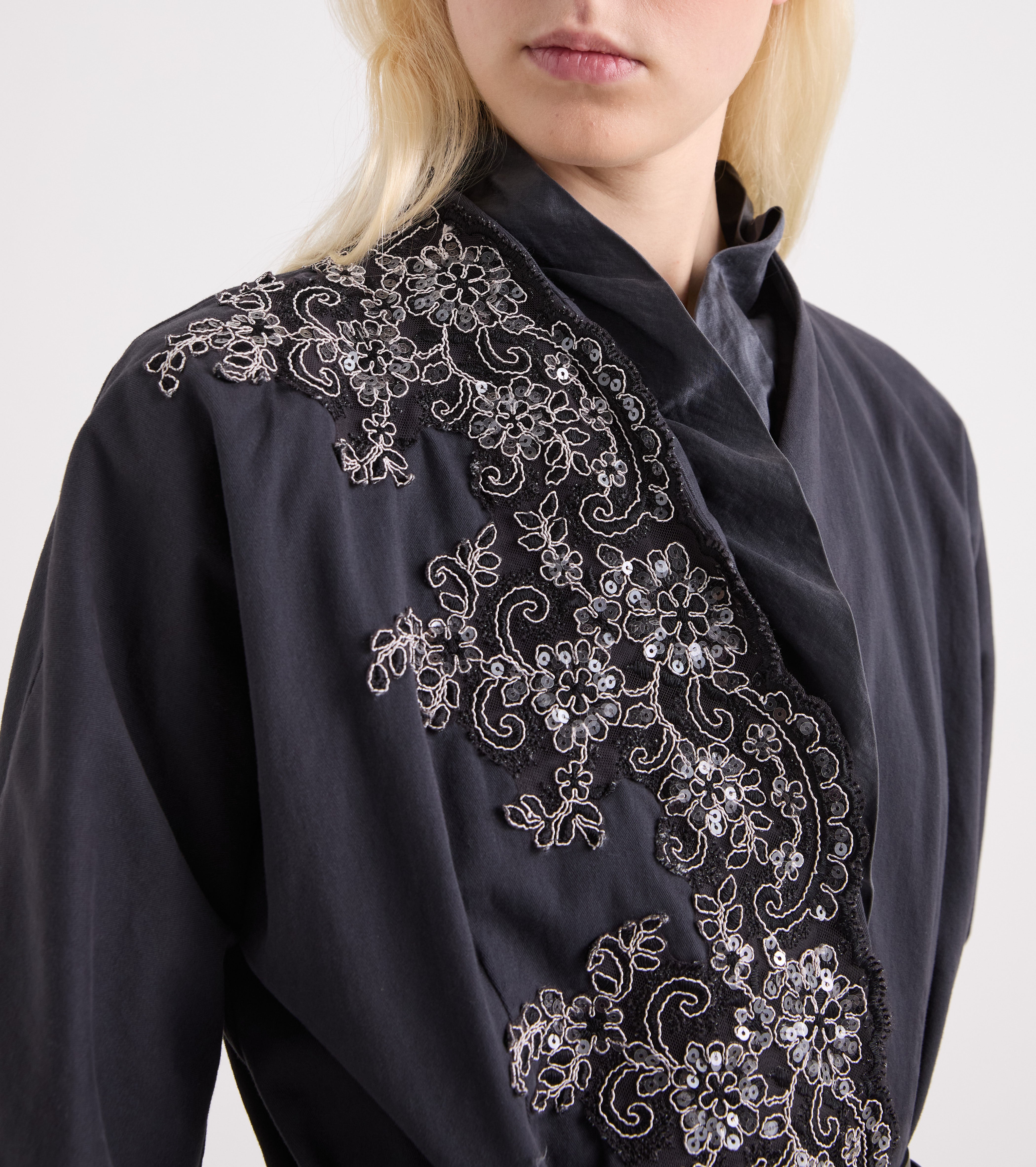 Jacket with ruffles and blackboard-coloured sequins