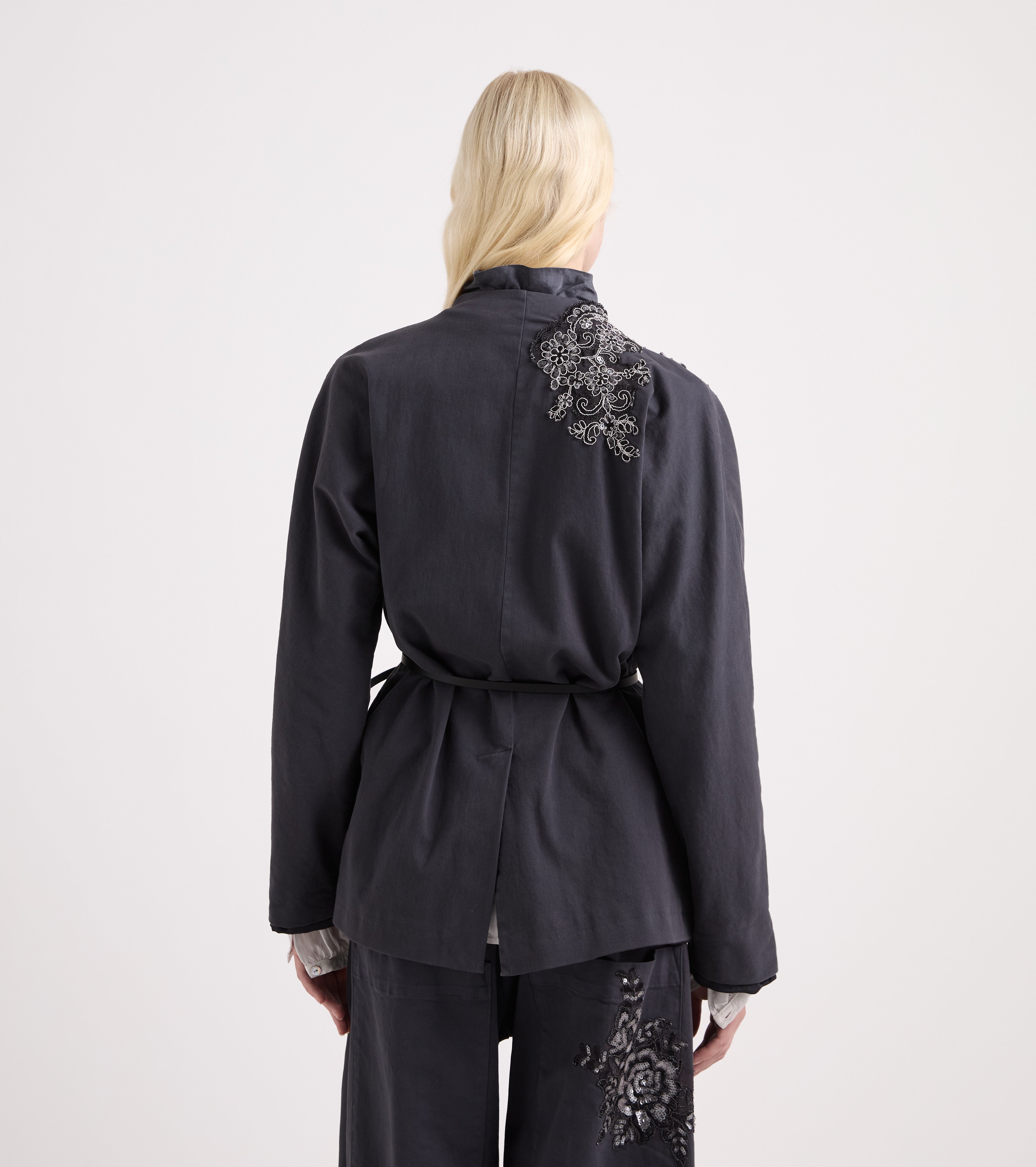 Jacket with ruffles and blackboard-coloured sequins