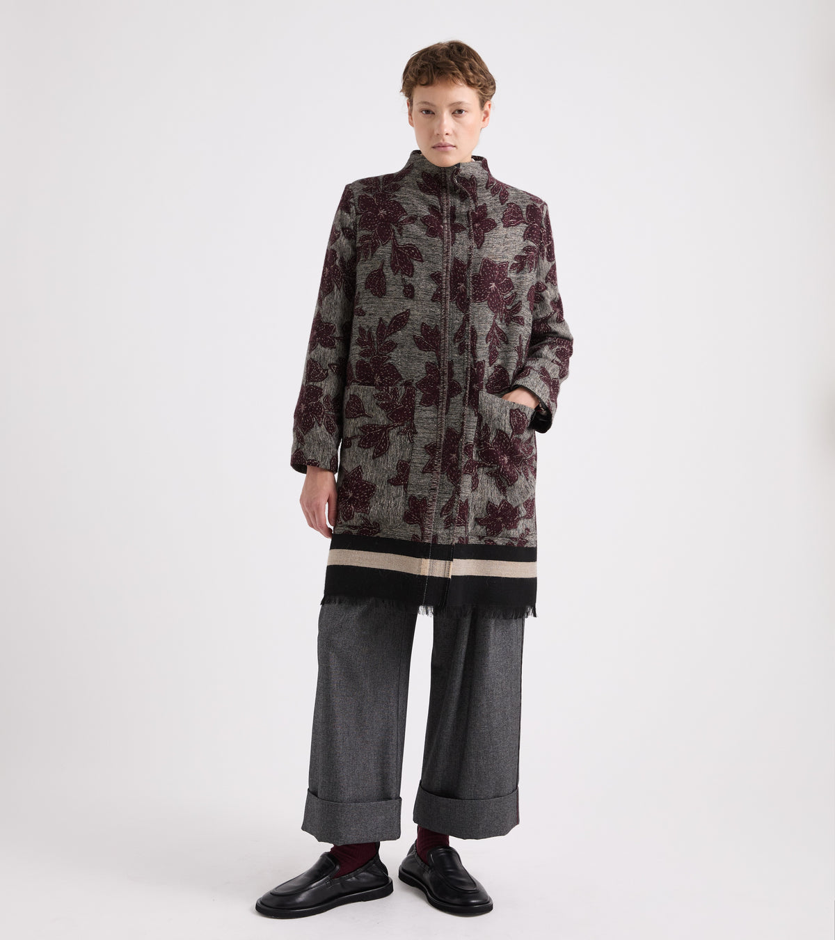 Cappotto jacquard con zip nero