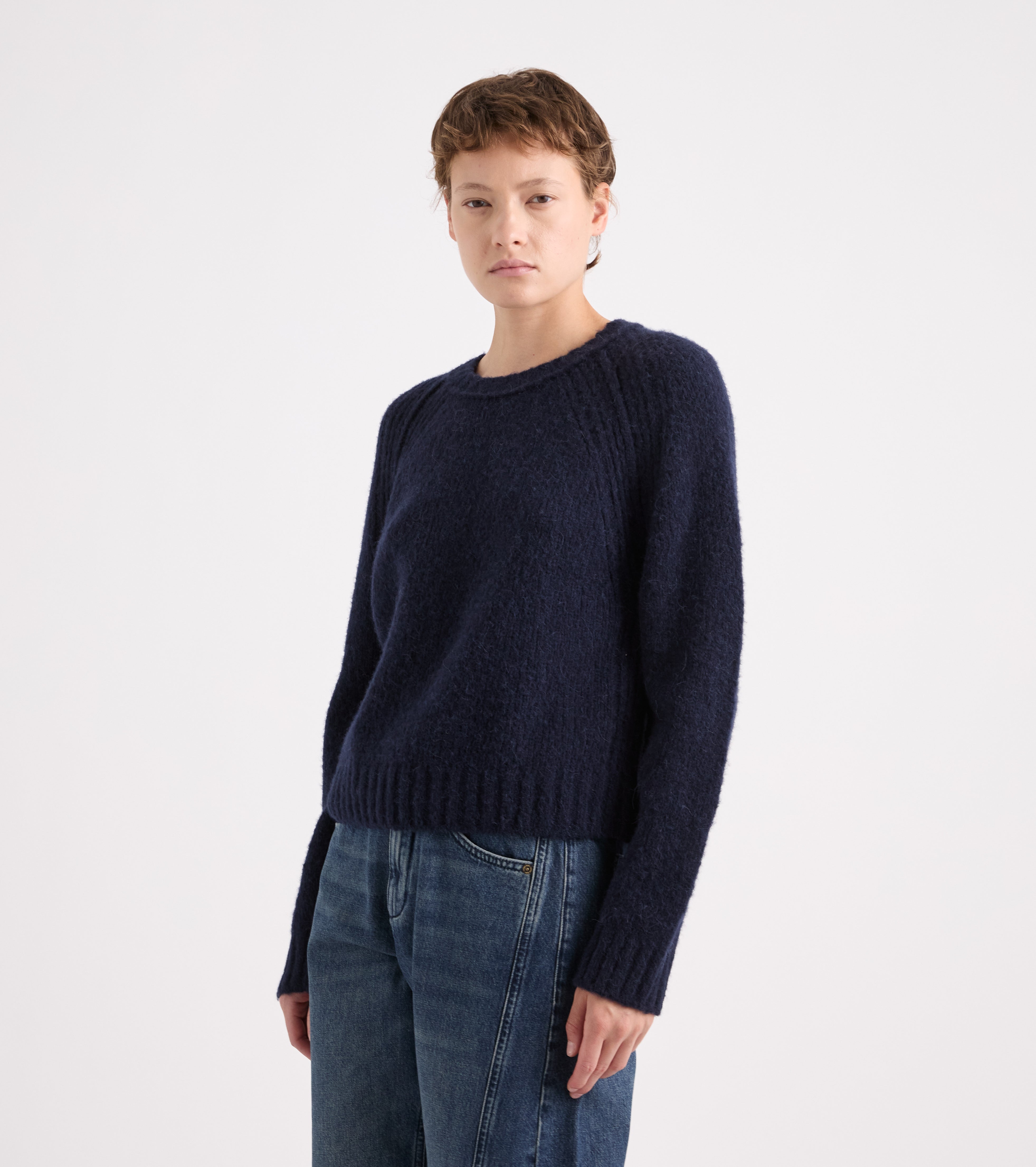 Jersey de cuello redondo en mezcla de alpaca azul aterciopelada