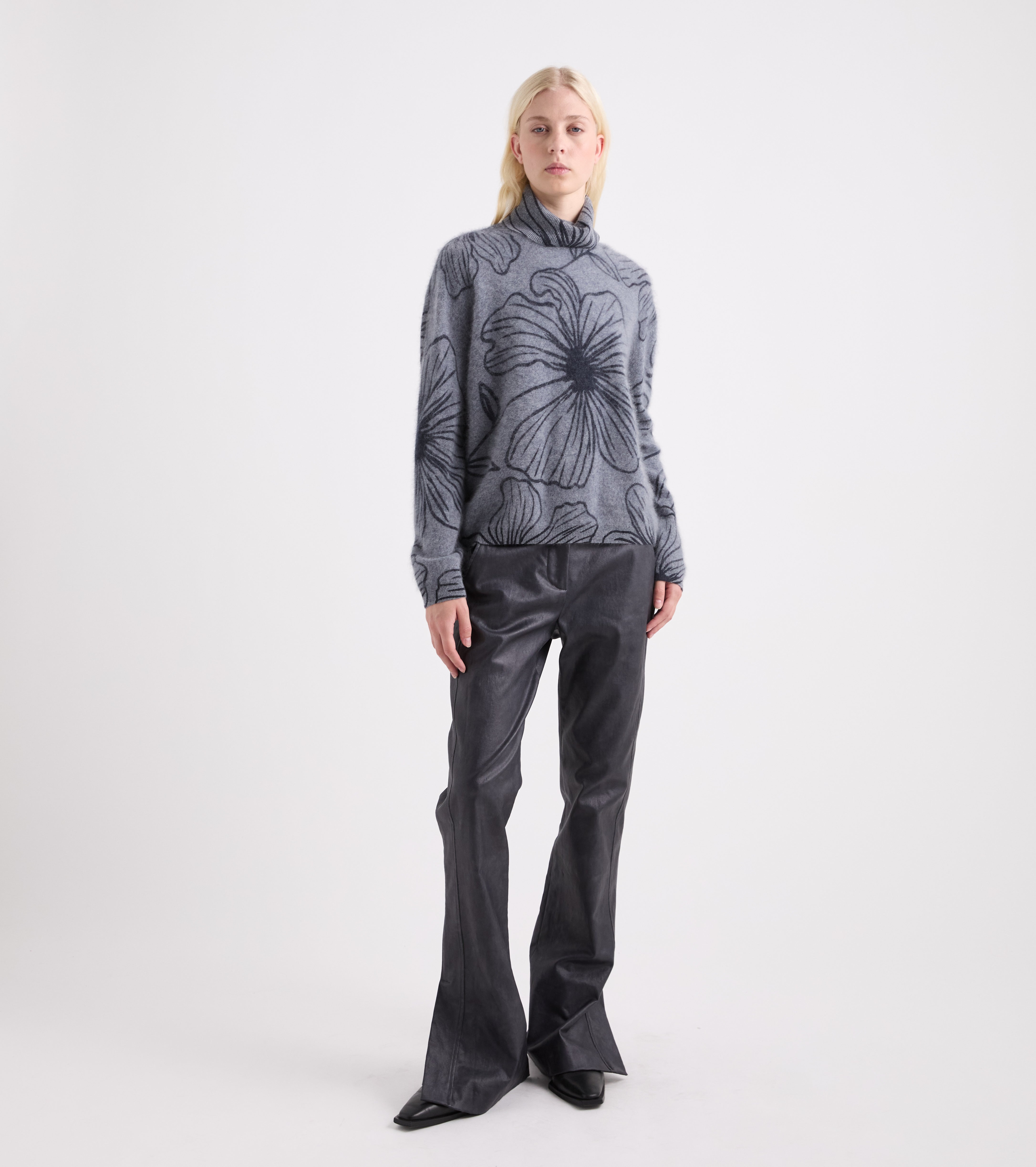 Blue-grey floral-print turtleneck jumper