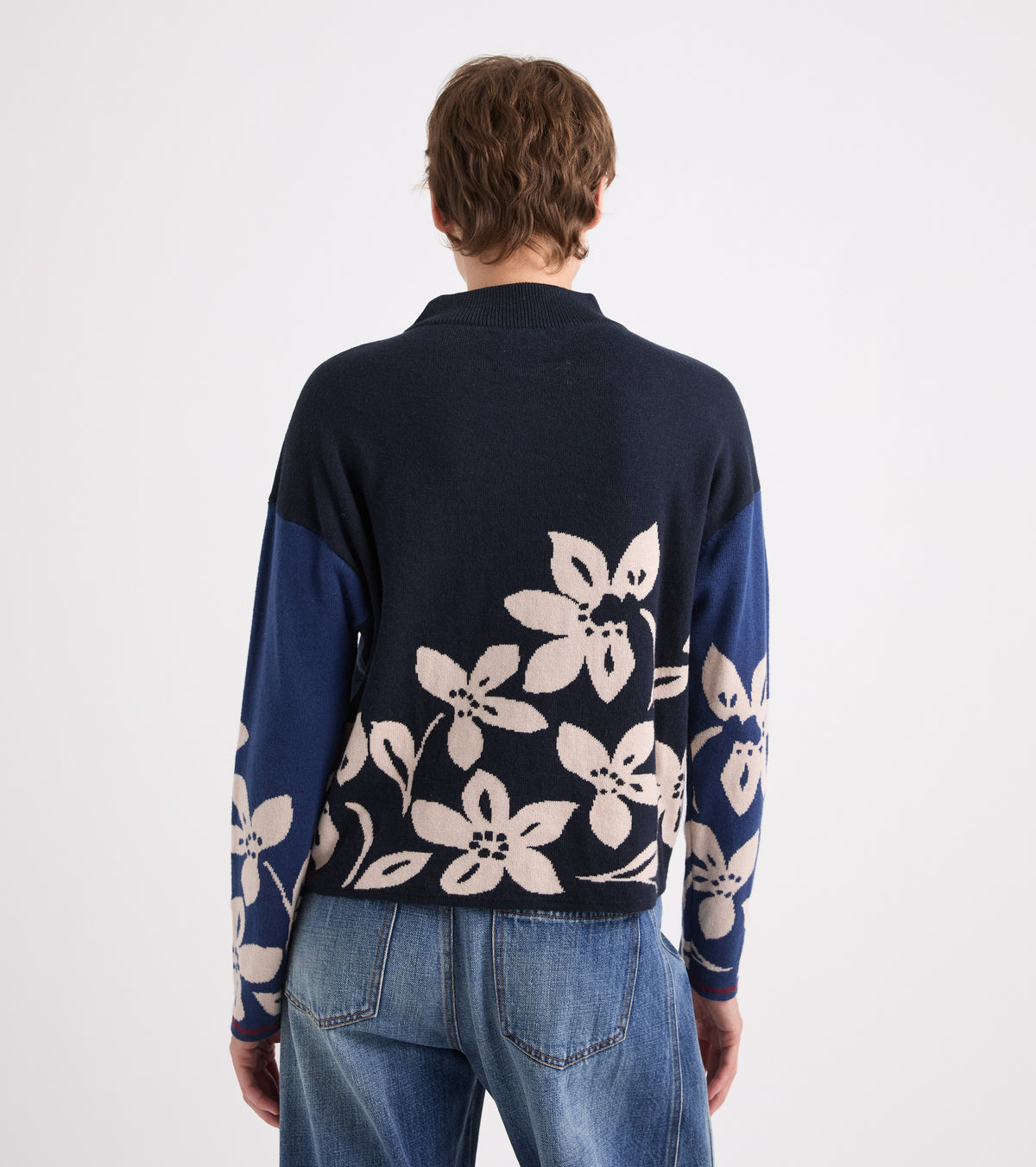 Maglia floreale con collo alto navy beige