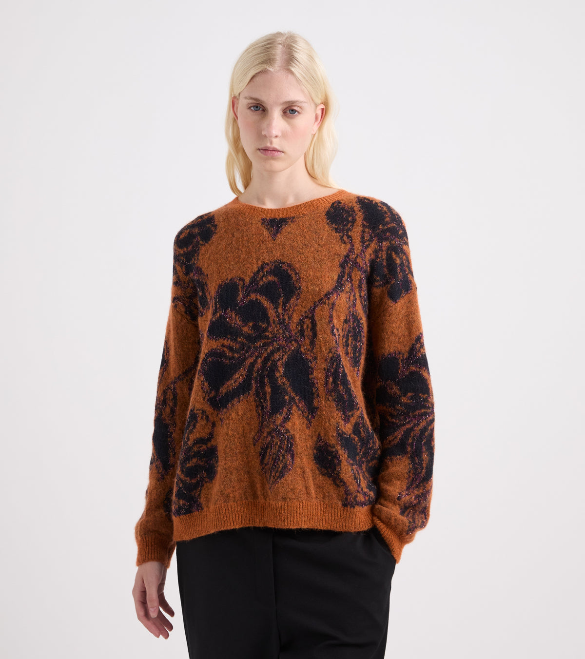 Maglia floreale in misto alpaca e lana arancio navy