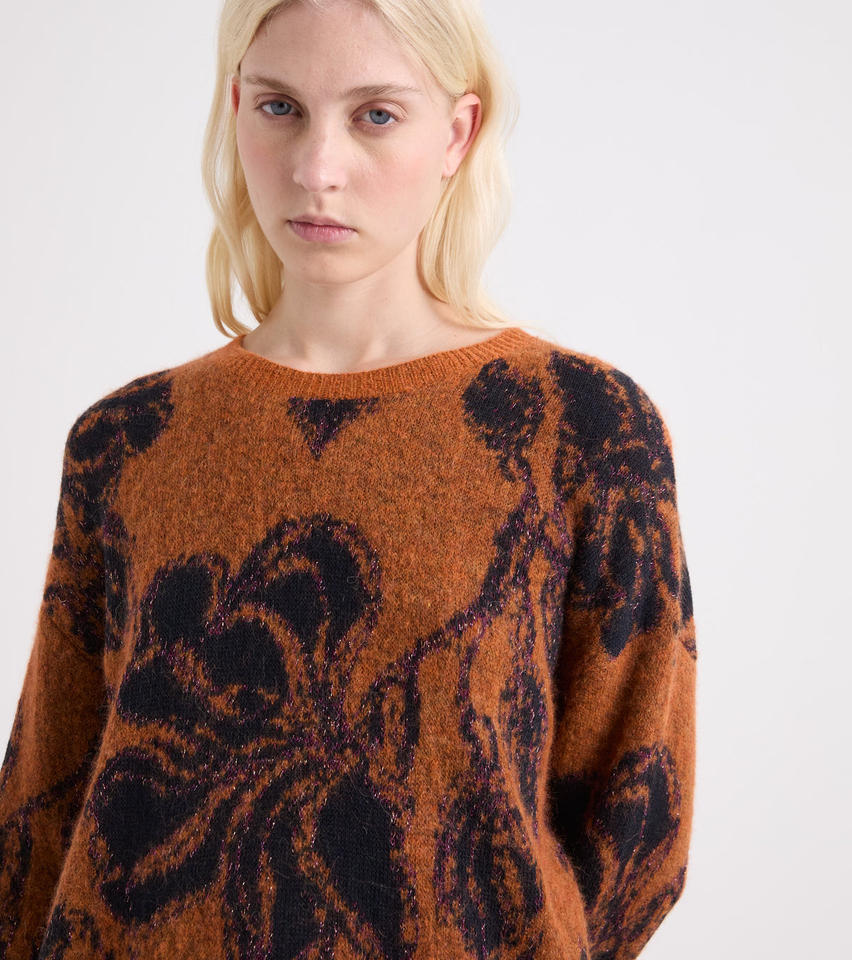 Maglia floreale in misto alpaca e lana arancio navy