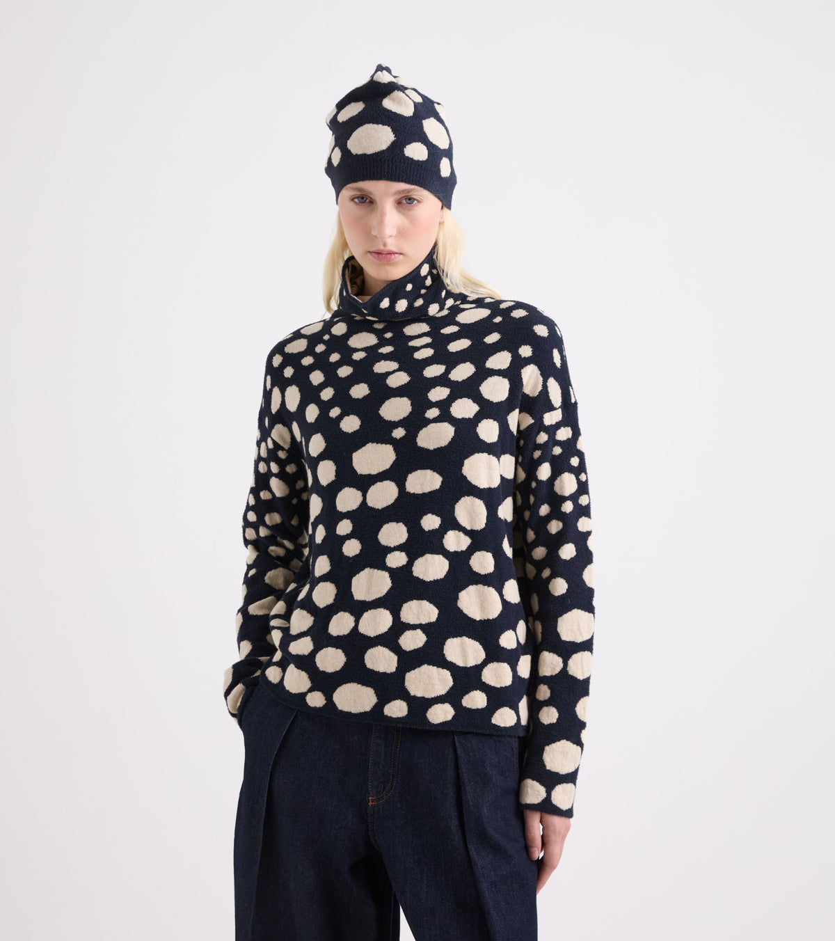 Maglia jacquard in misto lana beige navy