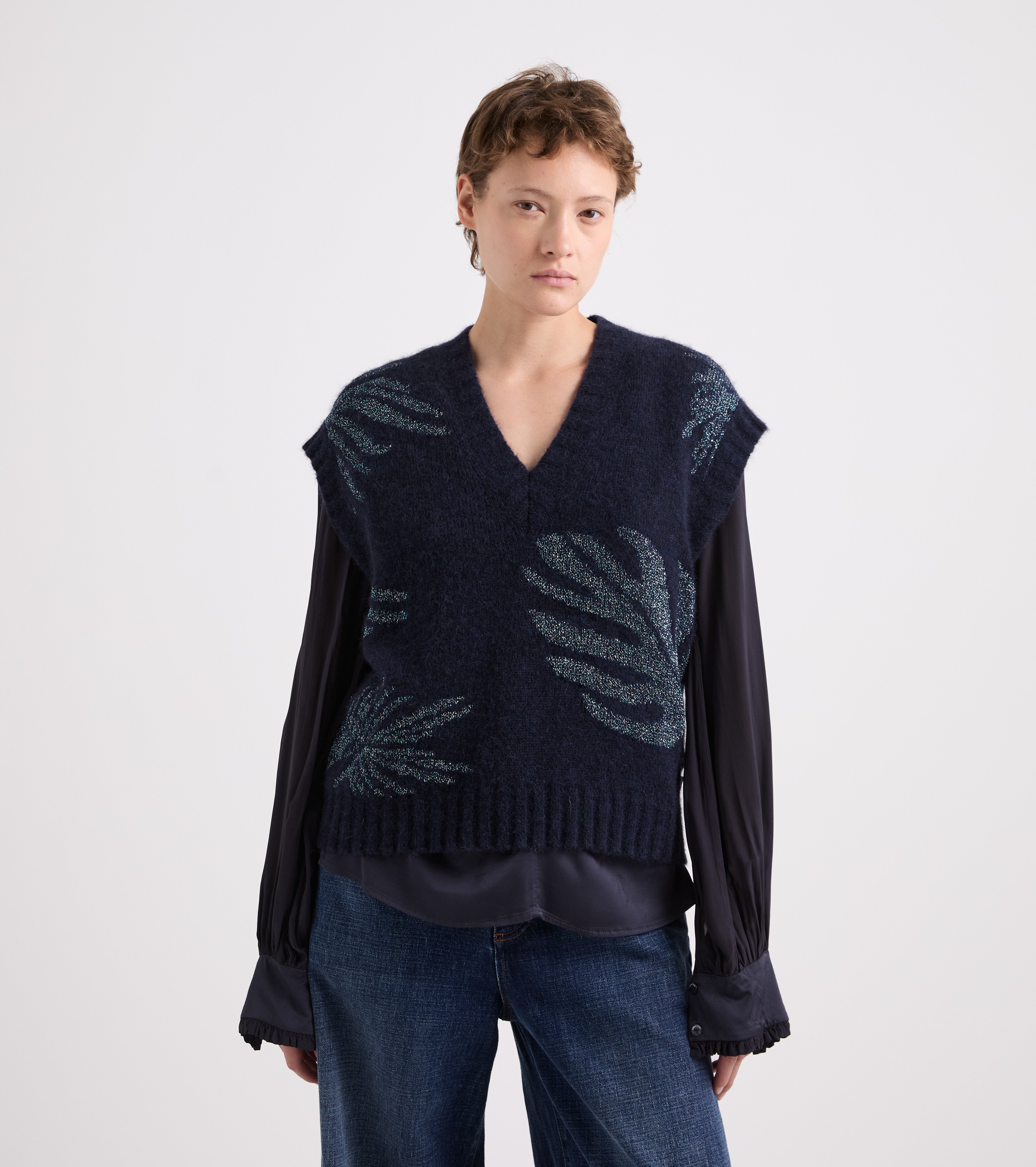 Top de punto con cuello en V azul marino con lurex