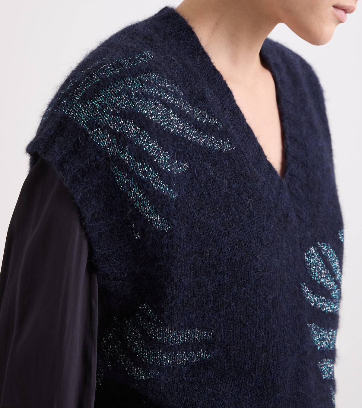 Top in maglia con scollo a V navy lurex