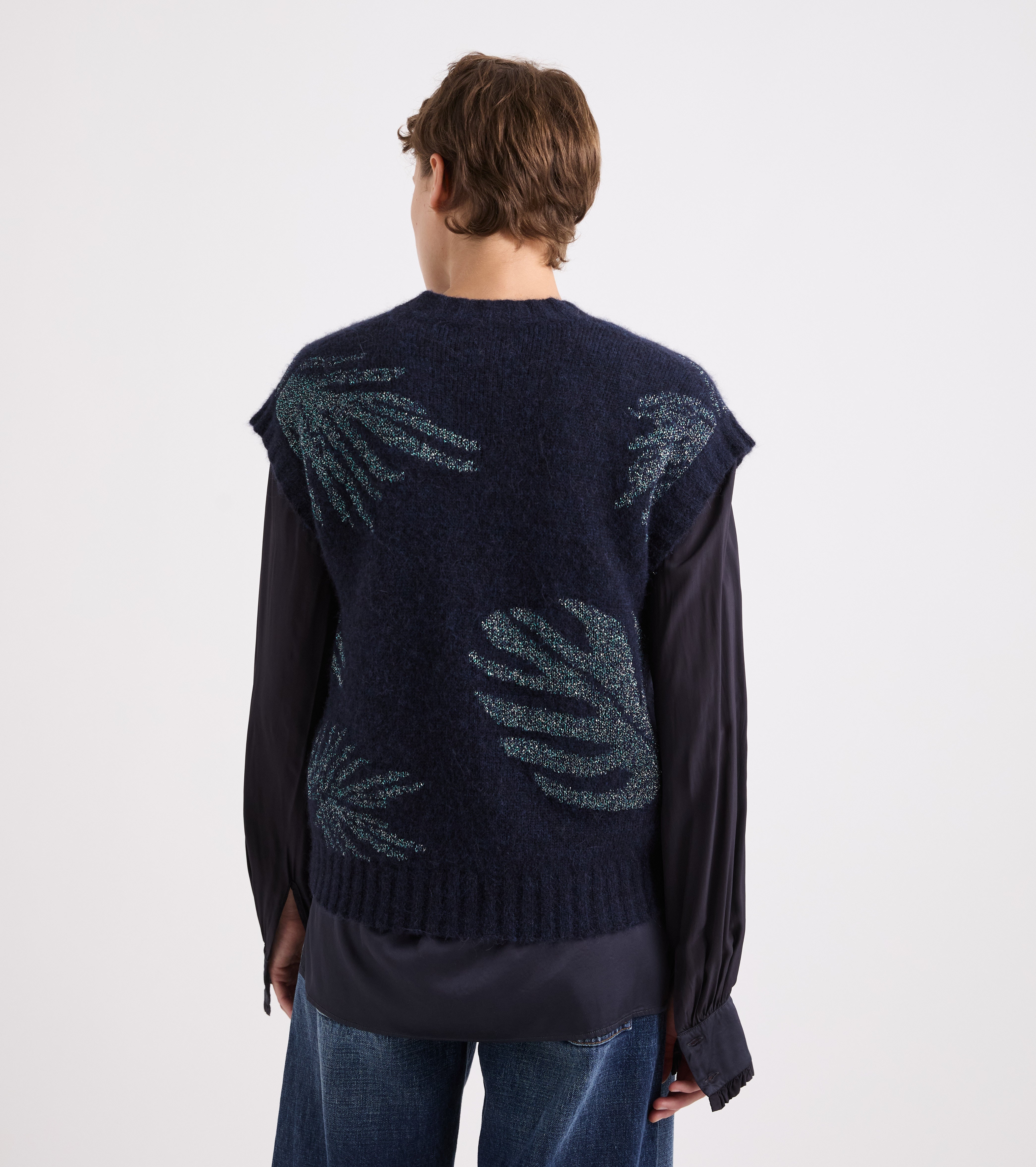 Top de punto con cuello en V azul marino con lurex