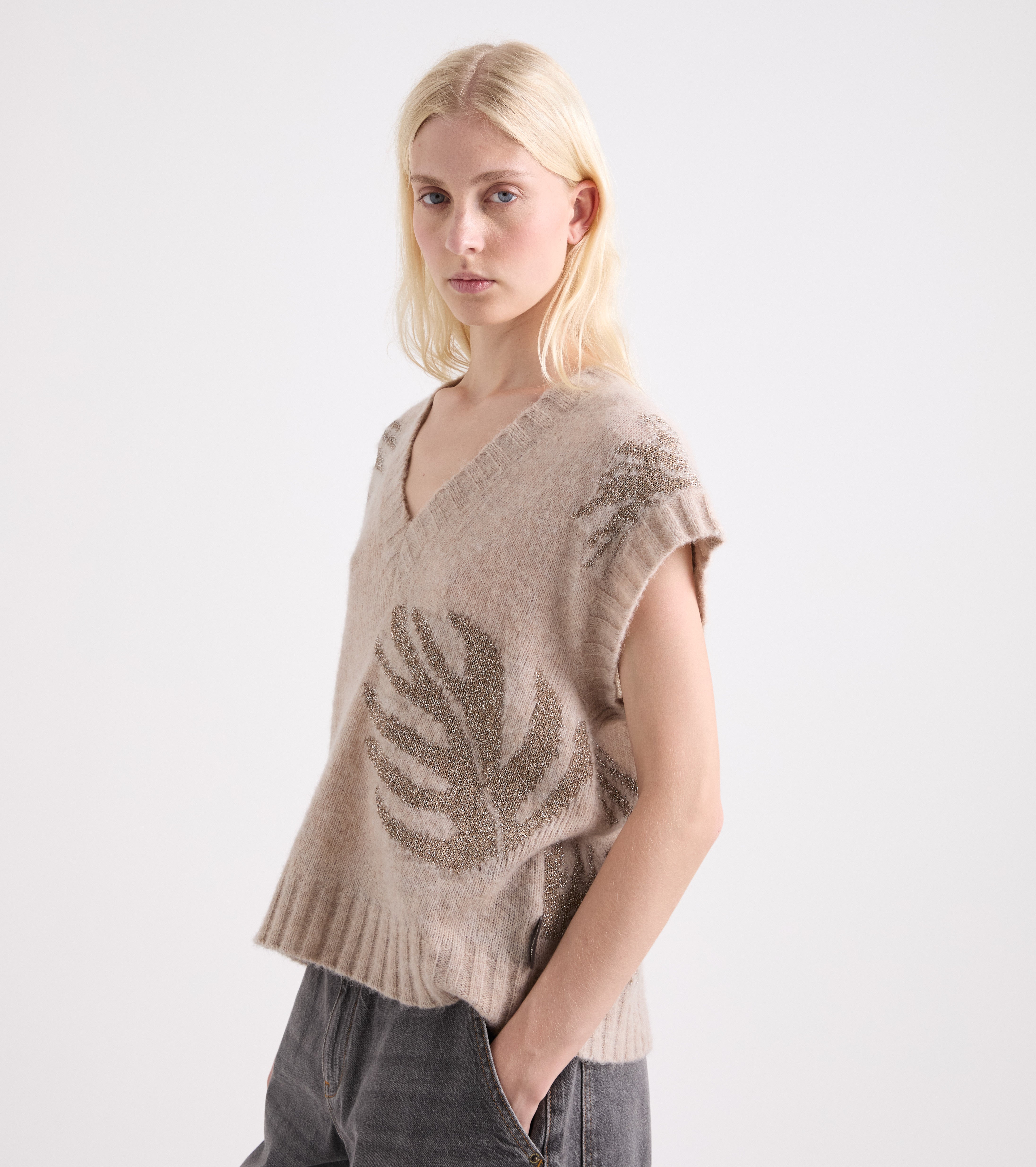 Beige lurex V-neck knitted top