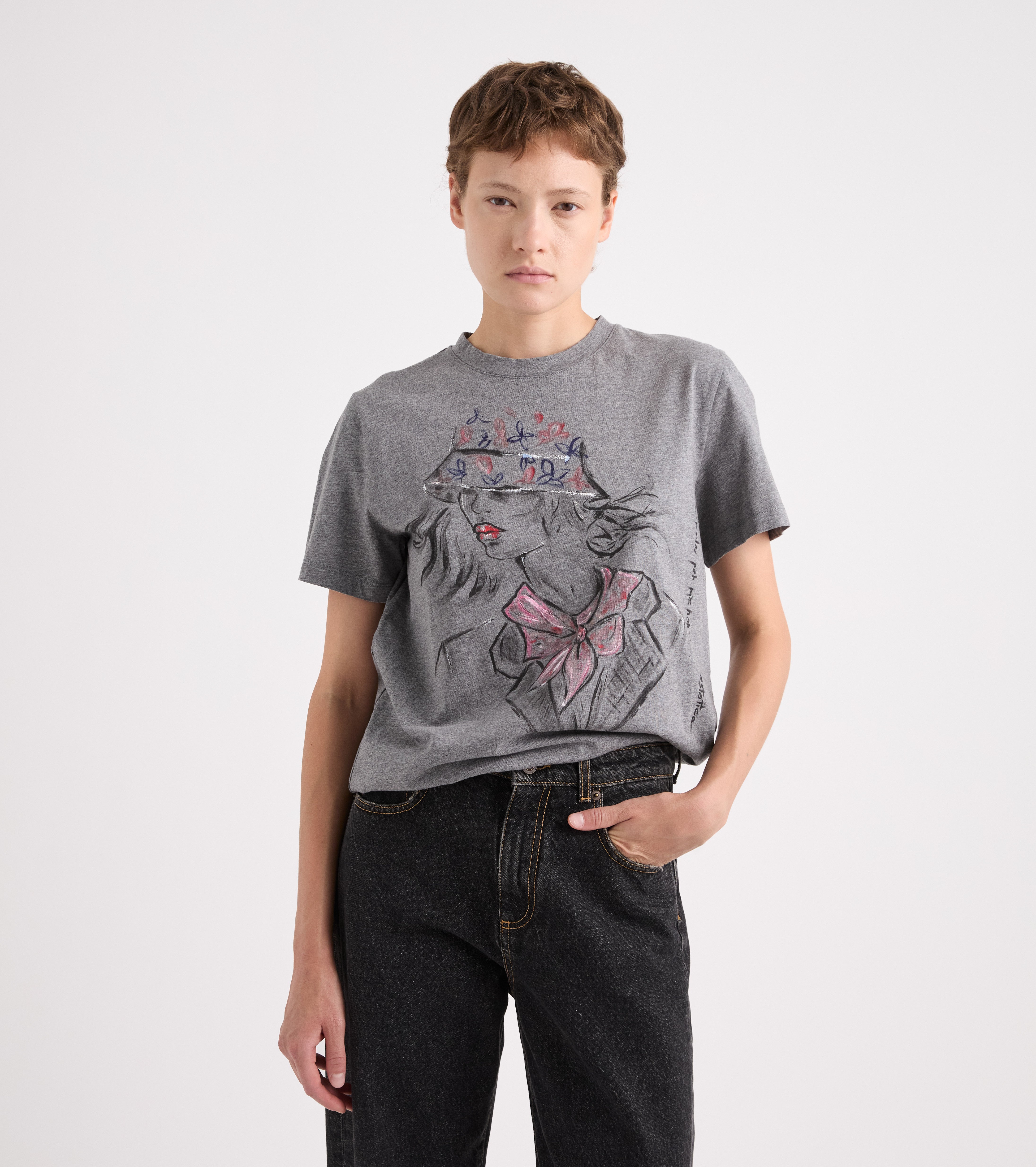 Camiseta de cuello redondo de jersey gris jaspeado