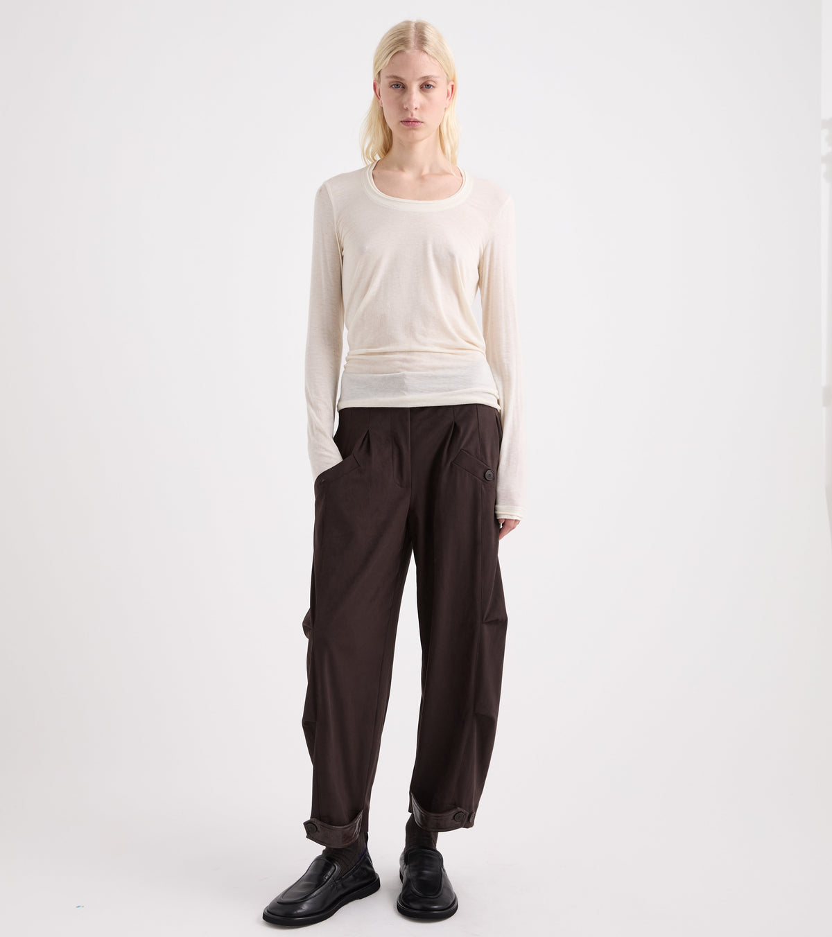 T-shirt in jersey stretch con maniche lunghe papiro