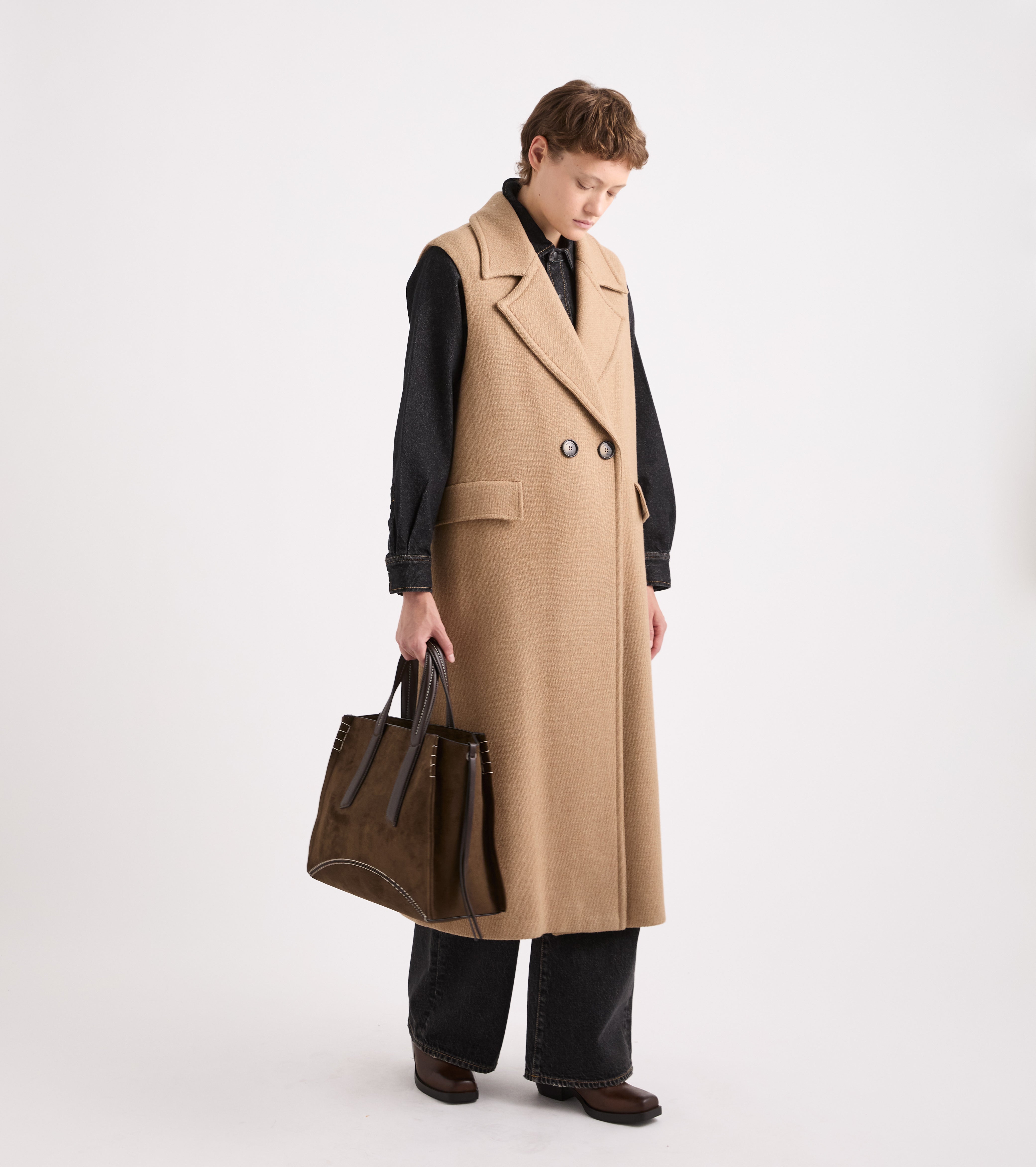 Shoppingtaske i imiteret ruskind i farven ebony