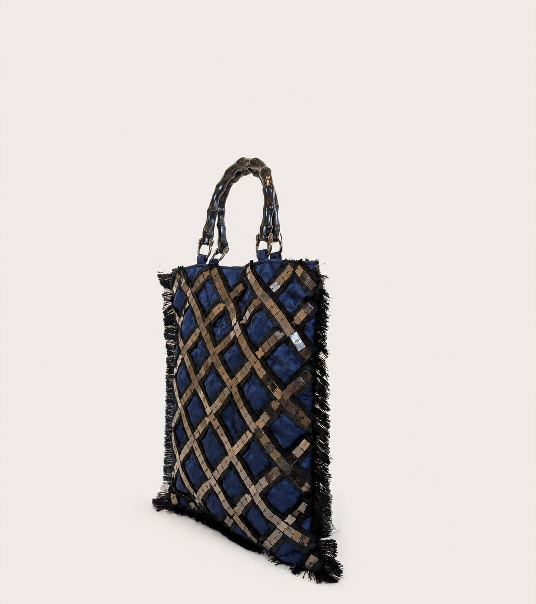 Jacquard-skuldertaske med frynser i farverne bluette og sort