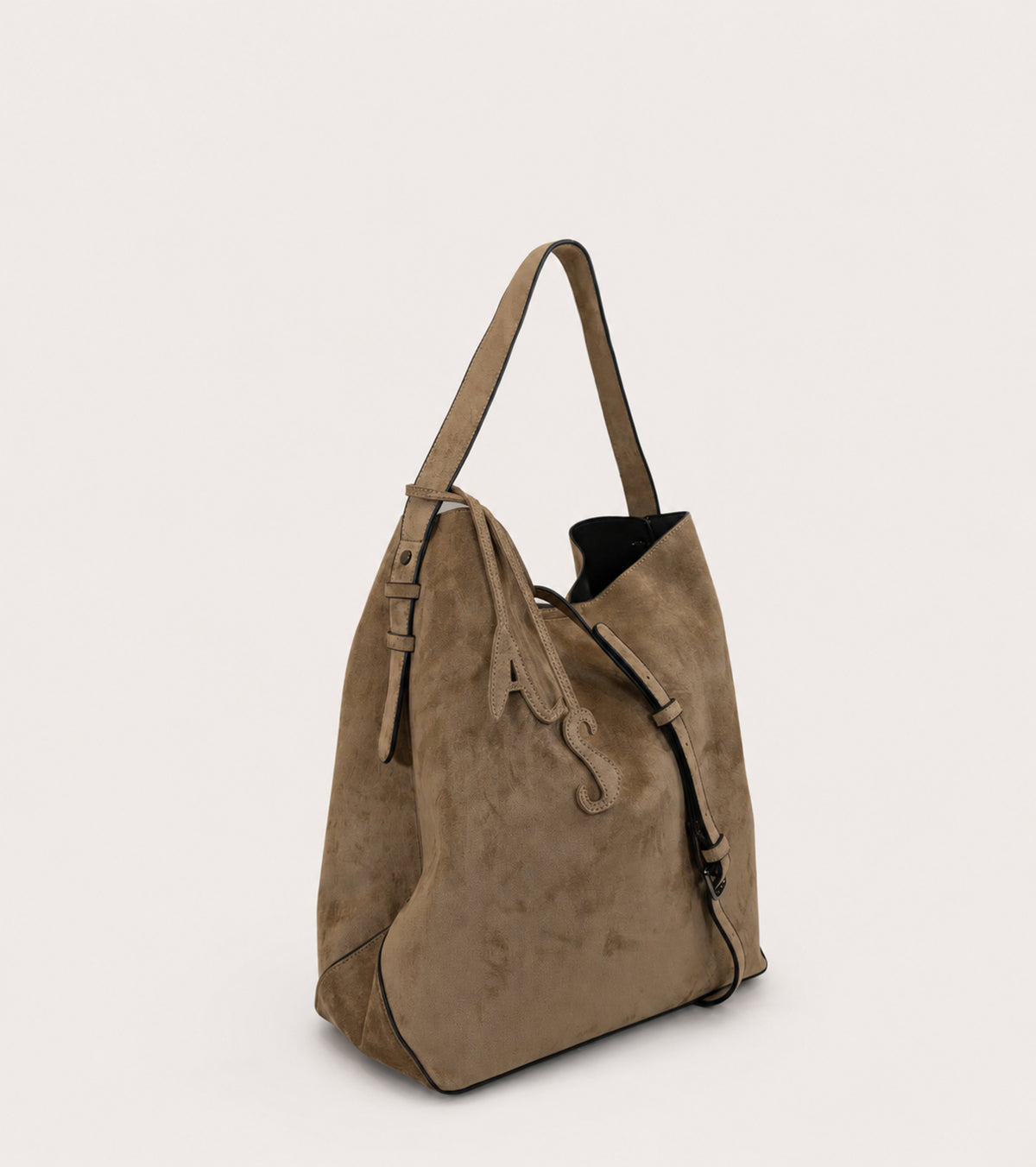 Borsa a secchiello scamosciata con charm AS ermellino