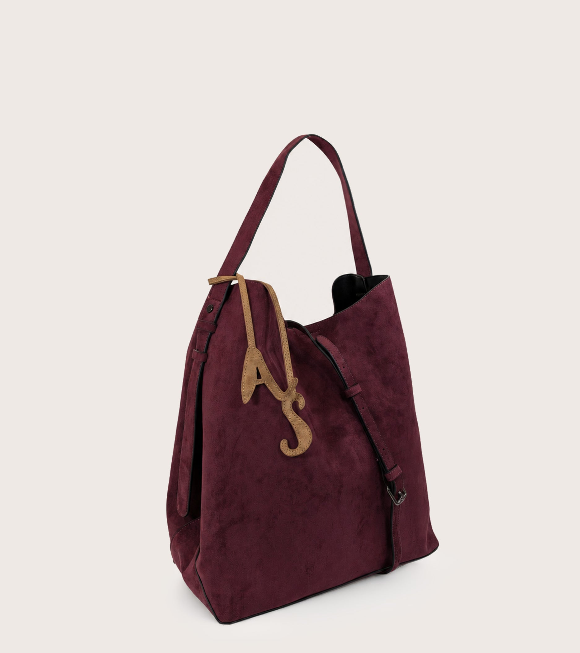 Borsa a secchiello scamosciata con charm AS mosto