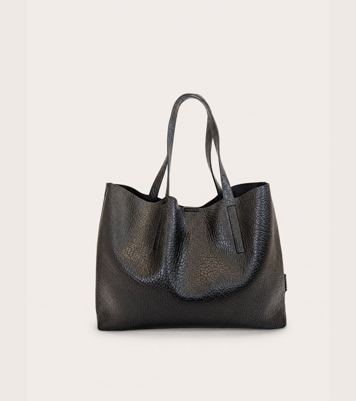 Black diamond-patterned textured faux leather shopping bag