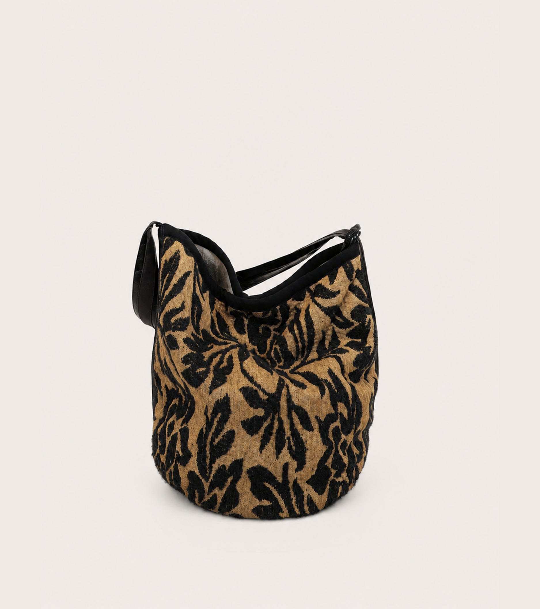 Borsa a secchiello in misto lana jacquard pois damascato