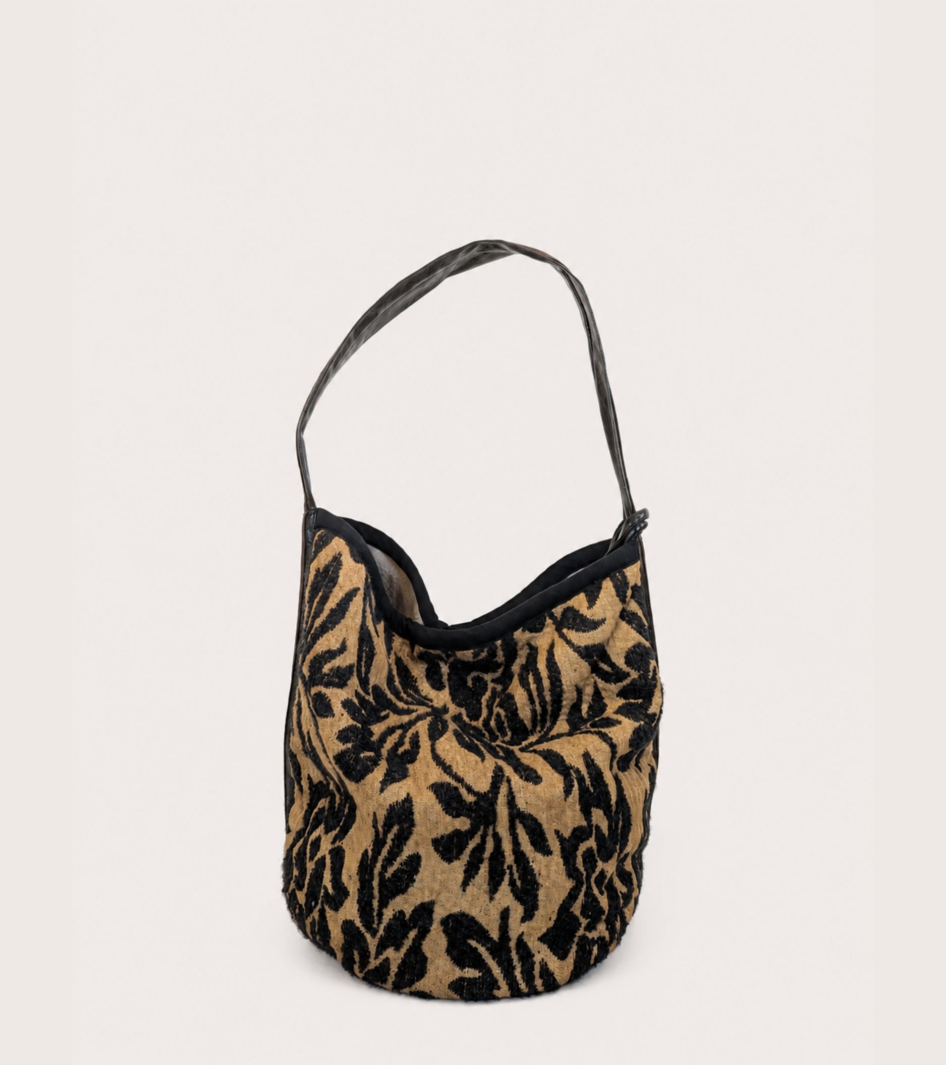 Borsa a secchiello in misto lana jacquard pois damascato