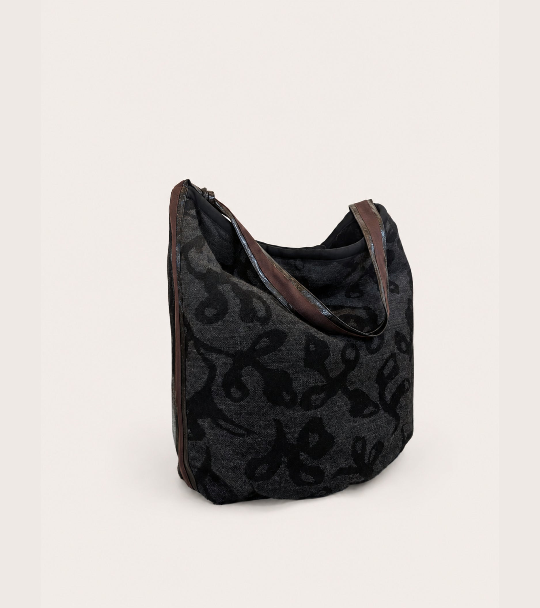 Borsa a secchiello in misto lana jacquard antracite fiore