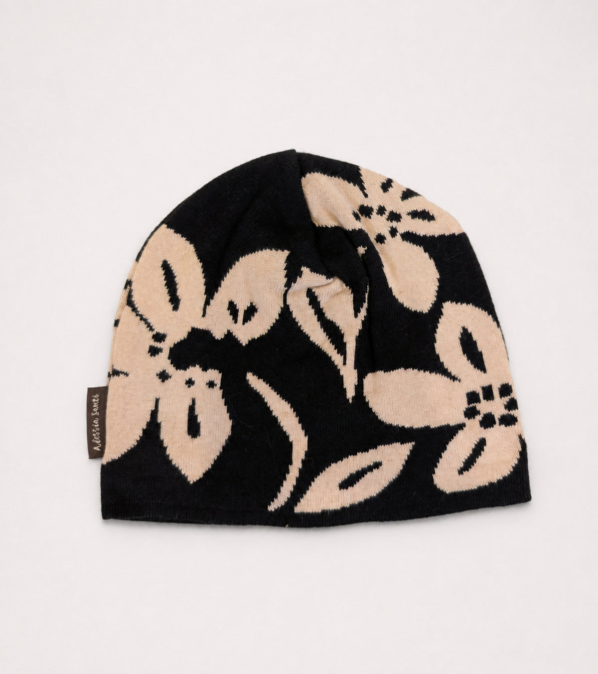 Berretto beanie in maglia floreale nero beige