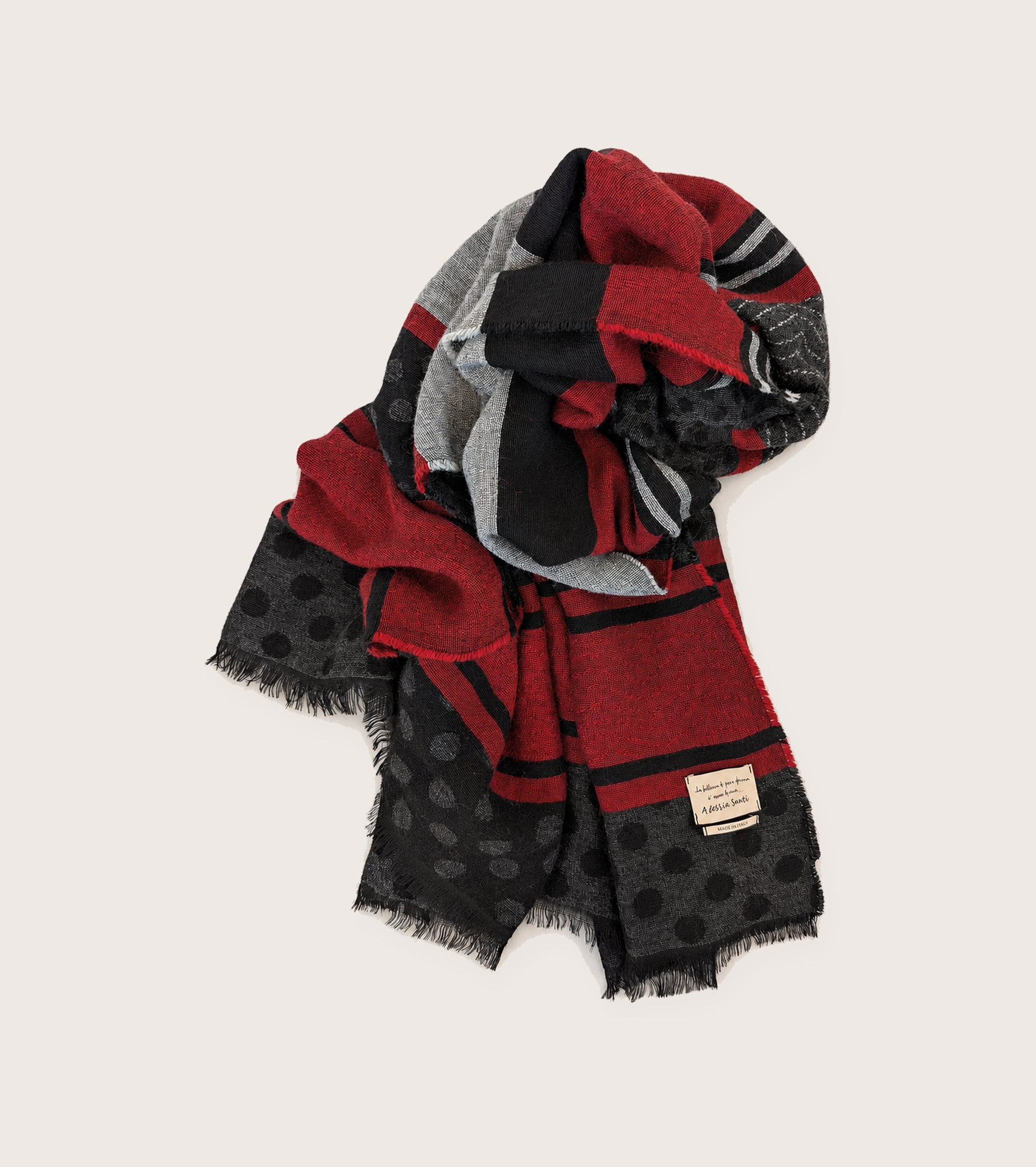 Black and red patchwork scarf with fringes