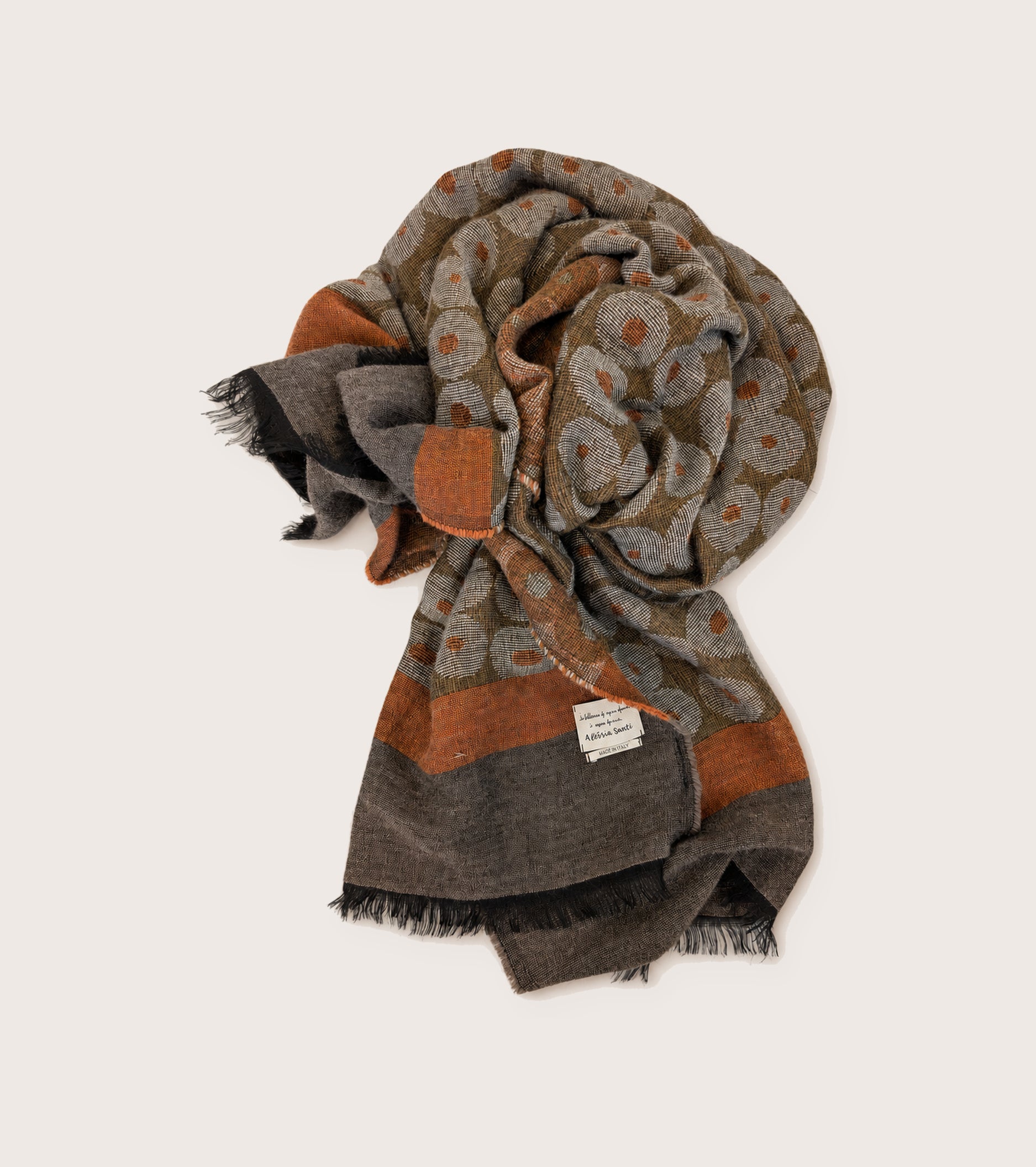 Scarf in taupe and orange jacquard yarn