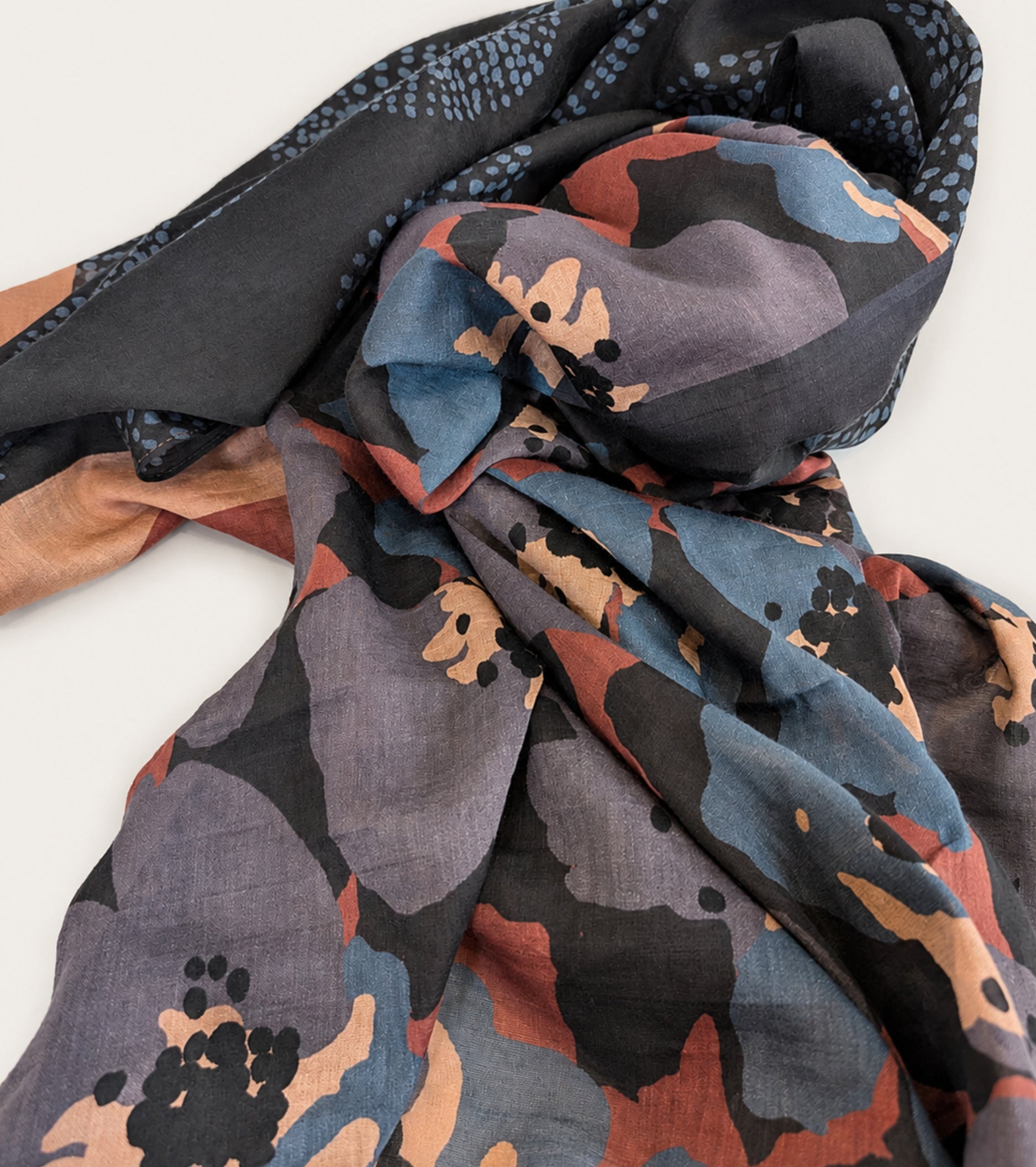 Grey chalkboard-style scarf with polka dots and flowers